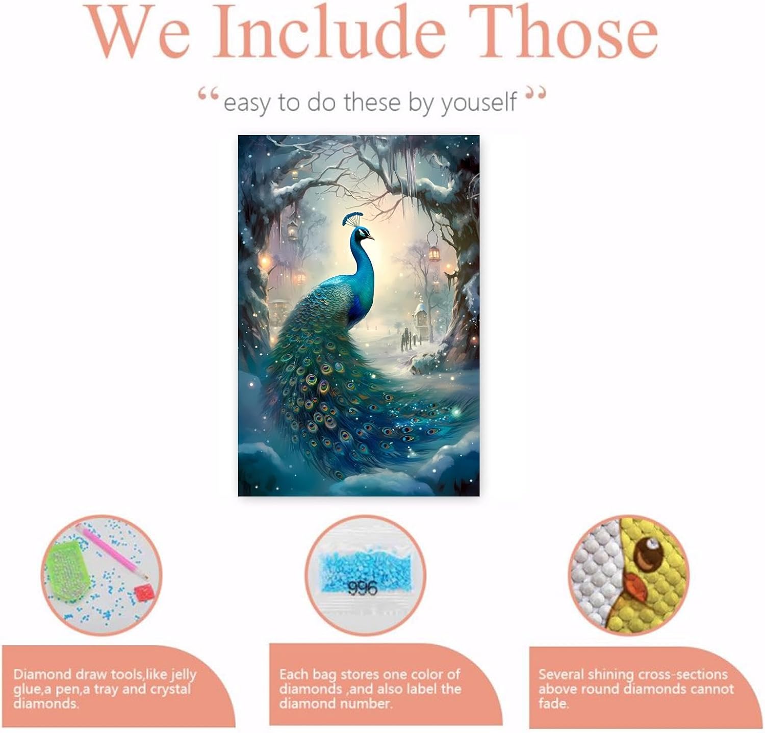 CUEAEAD Frameless Canvas Snowy Peacock Diamond Painting Kit DIY 5D Full Round Diamond HD Picture Diamond Dot Painting Art Craft Gift, Wall Decor Living Room Office Hangable 20x30 Inch