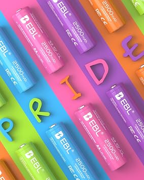EBL AA Rechargeable Battery 10 Pack 2500mAh Ni-MH Double A Pre-Charged Rechargeable Batteries (10 Pack, 5 Colors in a Box)