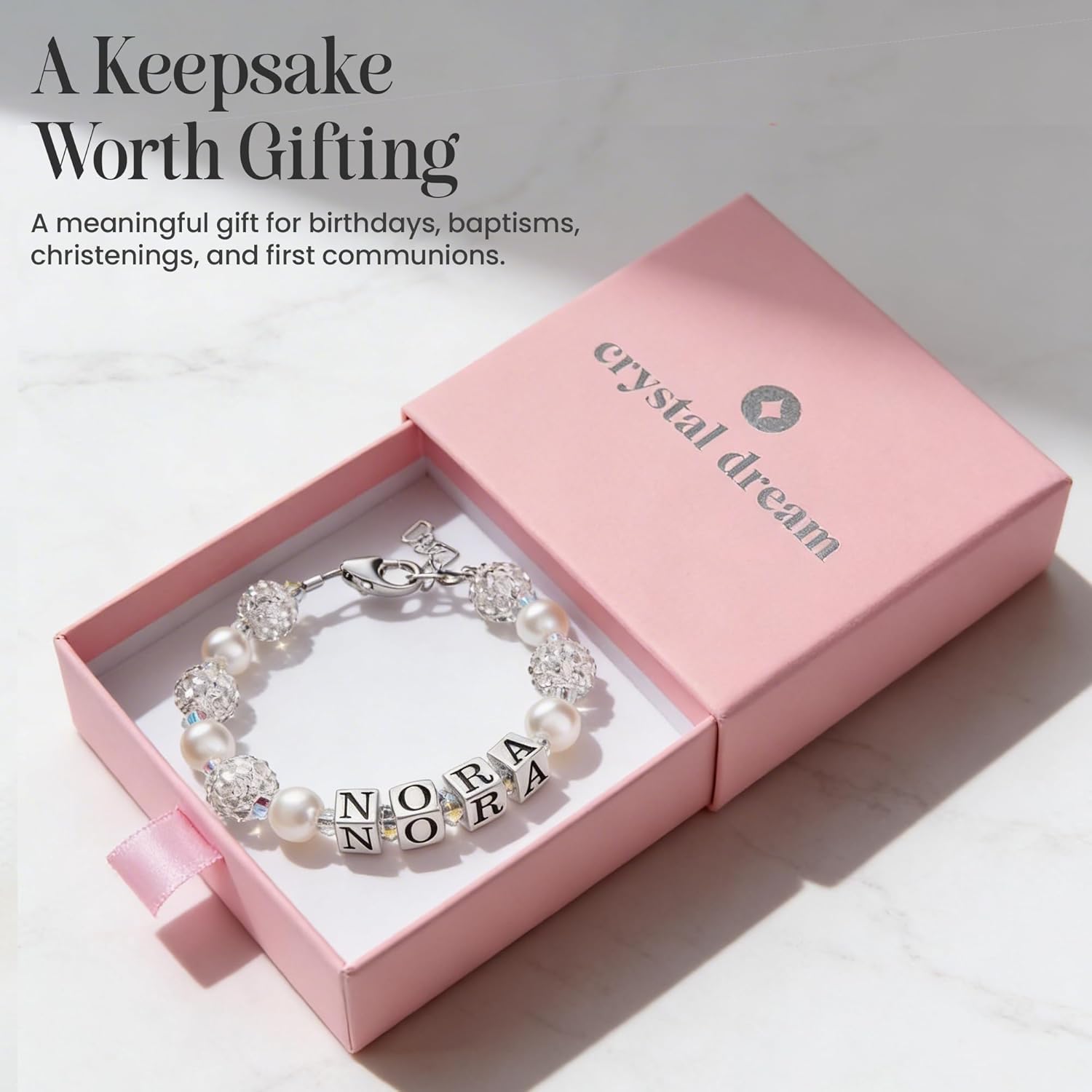 Crystal Dream Personalized Baby Name Bracelet - Customized Sterling Silver Bracelet with European Crystals for Babies, Kids, Teens & Adults - Ideal Gift for Birthdays, Christenings & Special Occasions