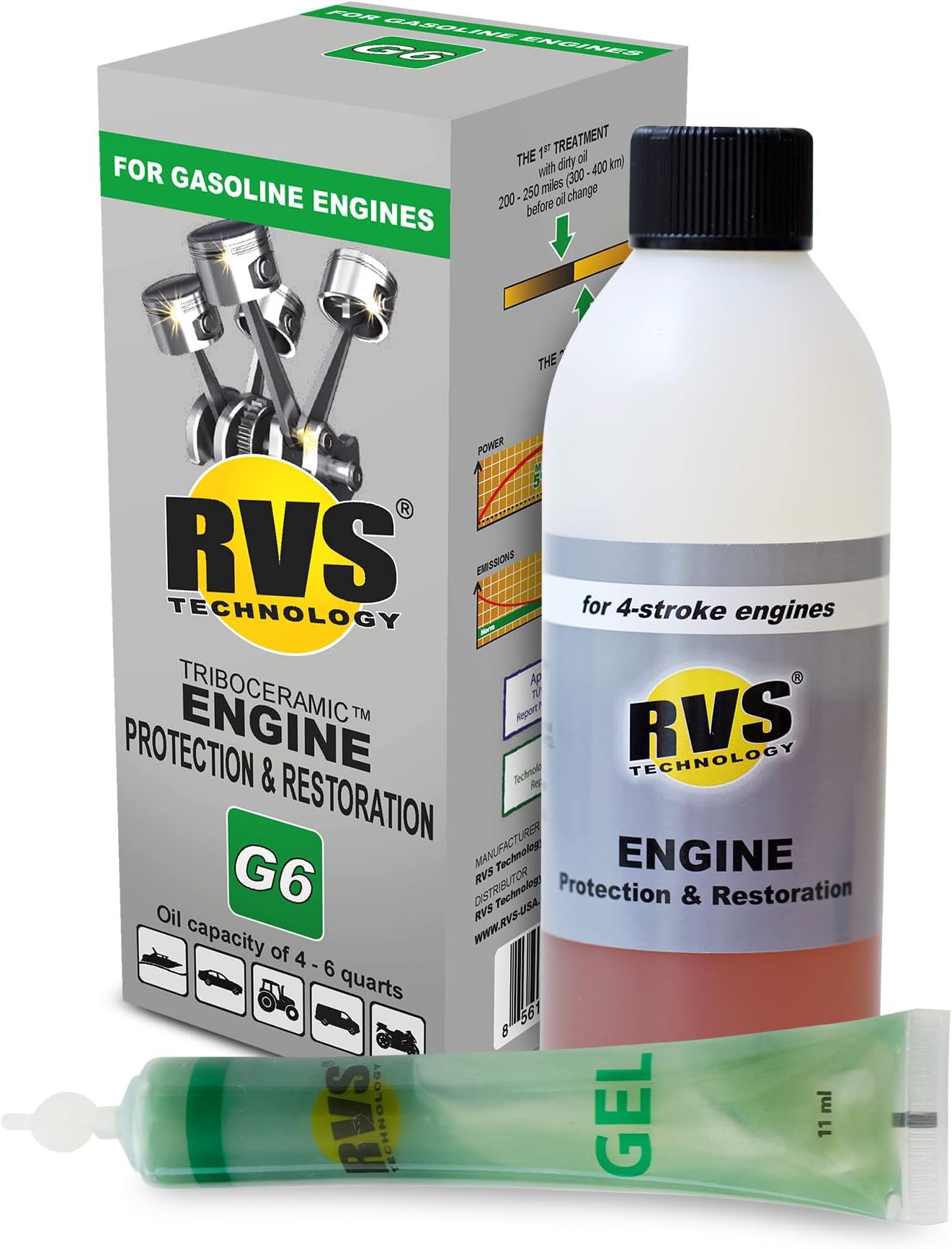 - G6 Engine oil Treatment; For Gasoline Engines with a Motor oil capacity up to 6 quarts; Save fuel, Boost Power and Safely Restore and protect your Car, Truck, and all other engines