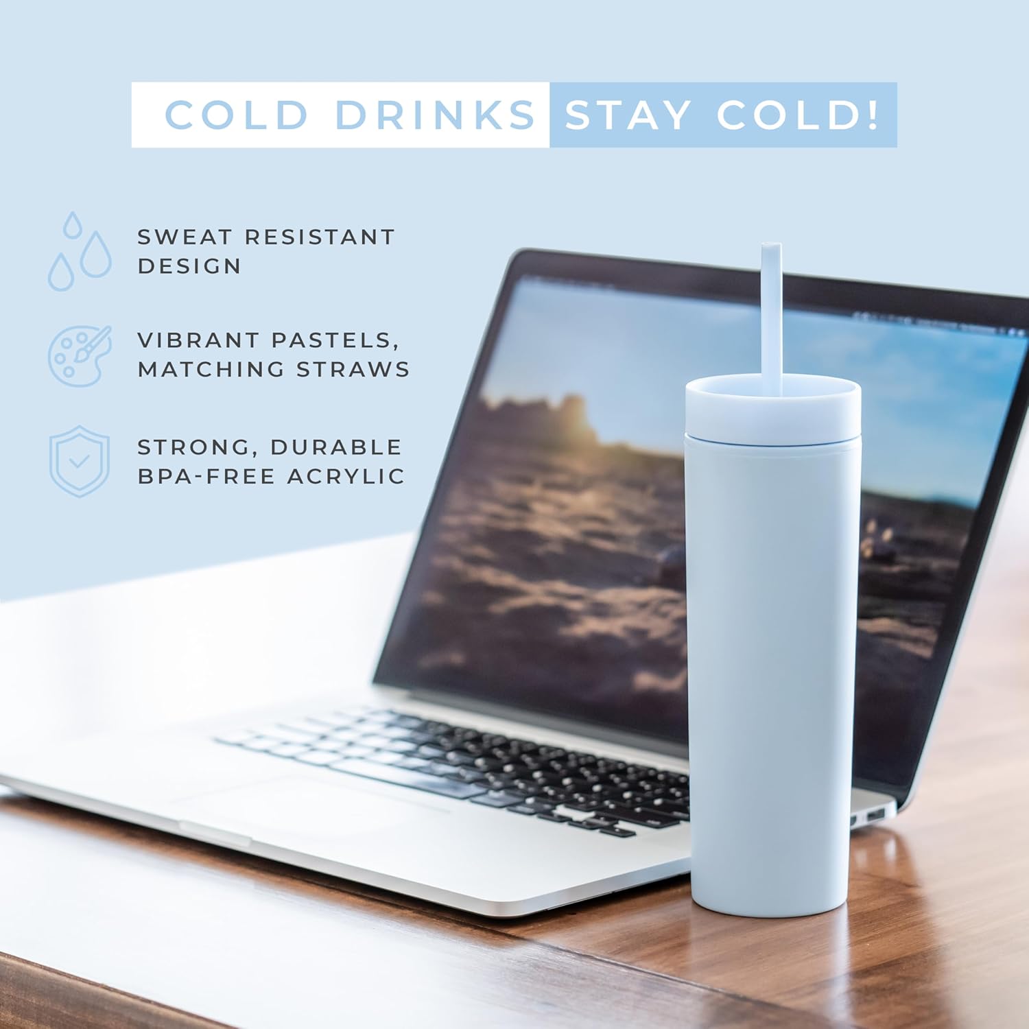 STRATA CUPS Periwinkle Skinny Tumblers with Lids and Straws (12 pack) - 16oz Double Wall Acrylic Tumbler, Tall Matte Skinny Tumblers, Bulk with Free Straw Cleaner, Reusable Cups - Image 2