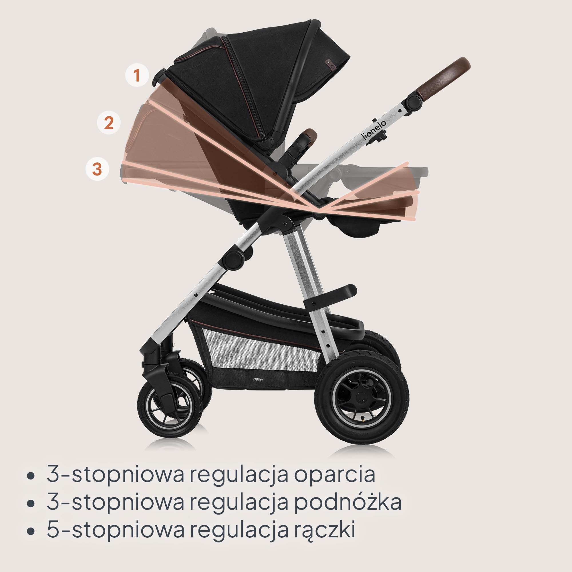 LIONELO Amber wózek spacerowy 2 w 1 do 22kg, montaż siedziska przodem lub tyłem do kierunku jazdy, pozycja leżąca, bezobsługowe koła PU, pokrowiec na gondolę i na spacerówkę (Czarny)