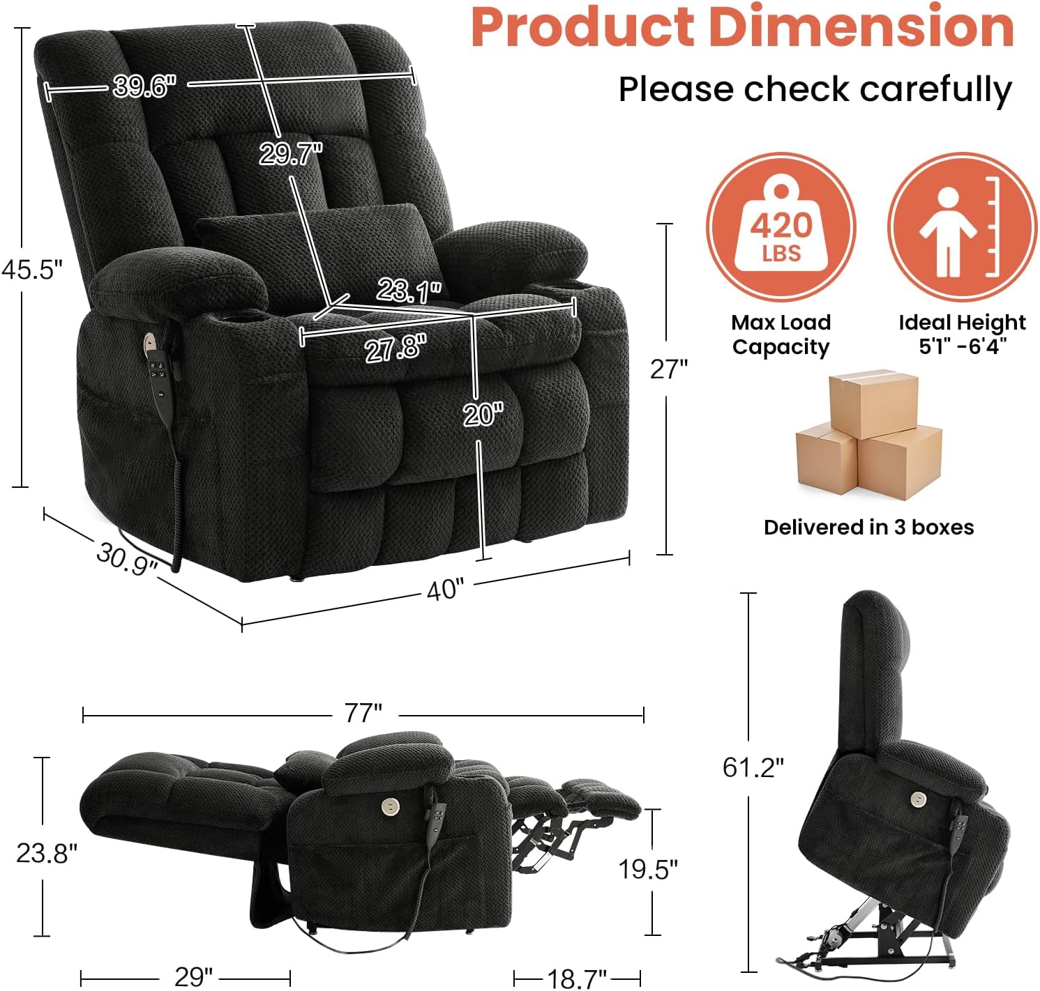 Power Lift Recliner Chair for Adults Oversized Infinite Position Lift Chair for Elderly W/Massage & Heat, Lay Flat Recliner, One-Touch Reset, Cup Holders, Lumbar Pillow, Fabric (Premium, Dark Grey)