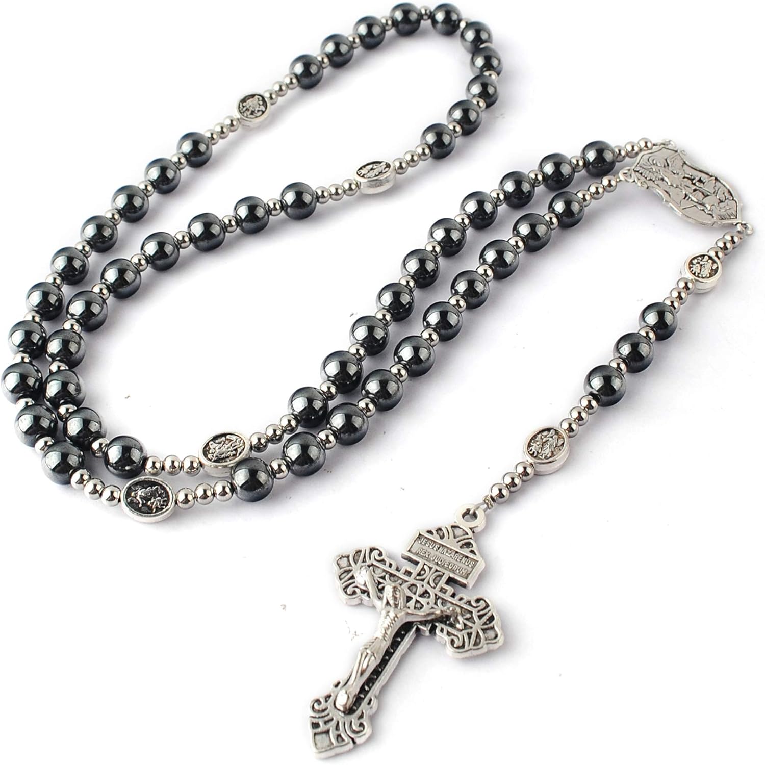 HanlinCC Hematite Rosary Necklace for Men and Women, Black Stone and Stainless Steel Beads, 48cm Length - Image 4