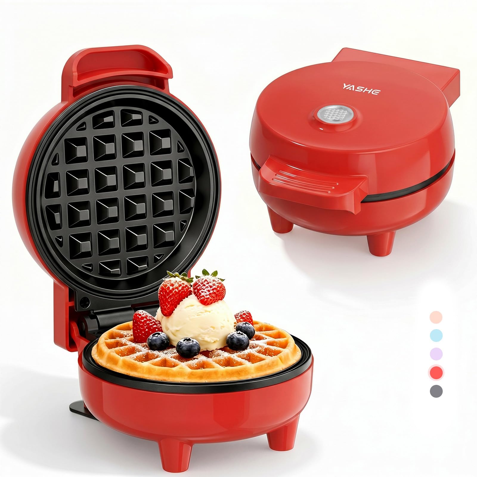 YASHE Mini Waffle Maker, 550W Mini Waffle Iron with Non Stick Plates, Ready Indicator Light, Cool Touch Handle, Compact Small Waffle Machine for Breakfast, Desserts & Snacks, Red