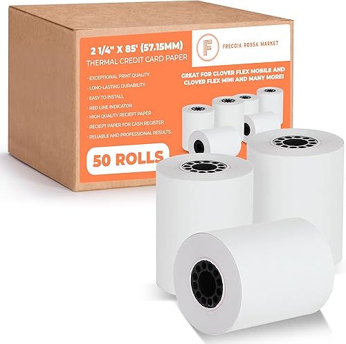 Papel para tarjetas de crédito térmicas de 2 1/4 "X 85" para usar con algunos modelos Verifone, Omni, Hypercom y First Data, sin BPA Paquete de 50