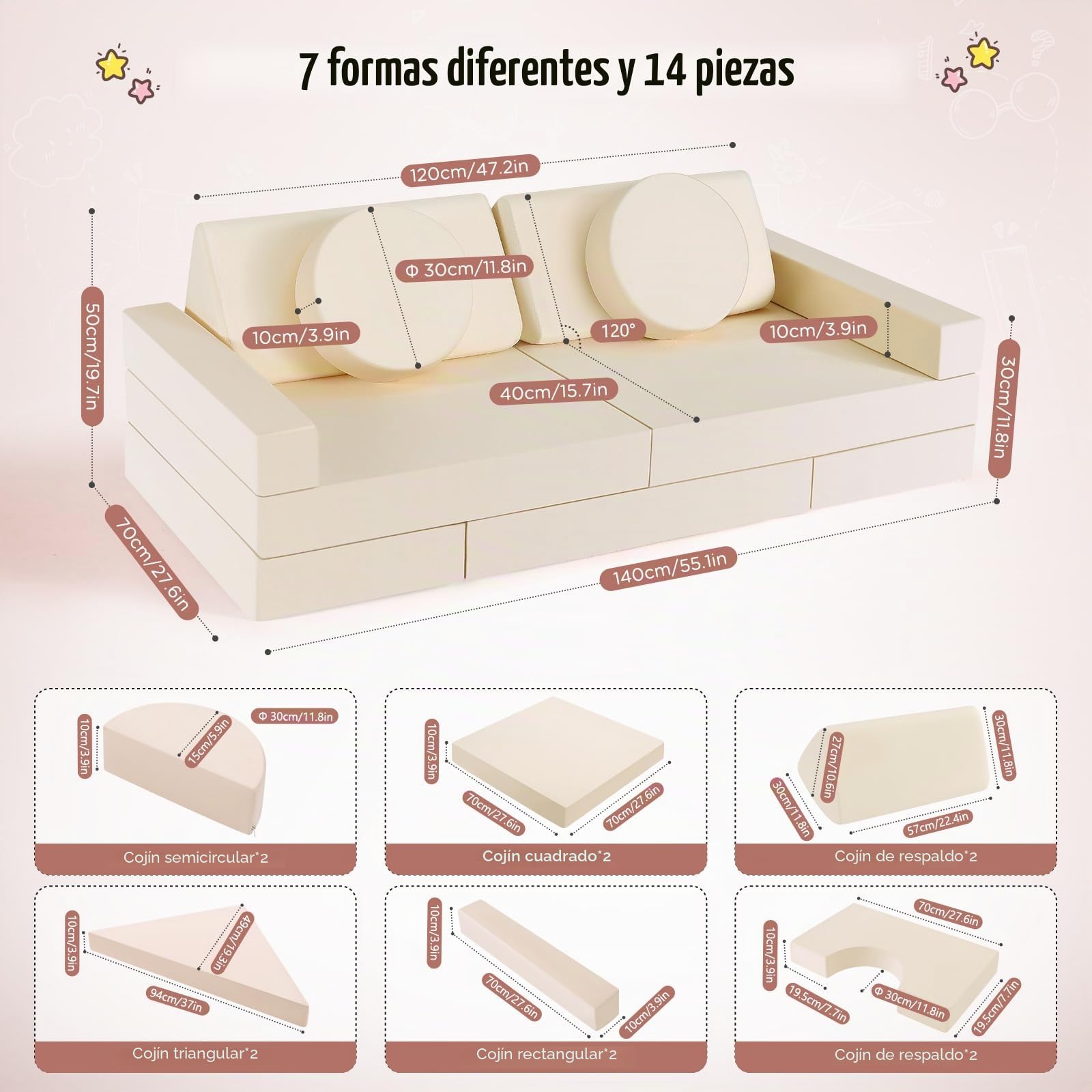 Sofá para niños CUPCHID, sofá modular de juego, sofá para niños, muebles para dormitorio y sala de juegos para niños pequeños, espuma convertible (Set de 14 - Beige)