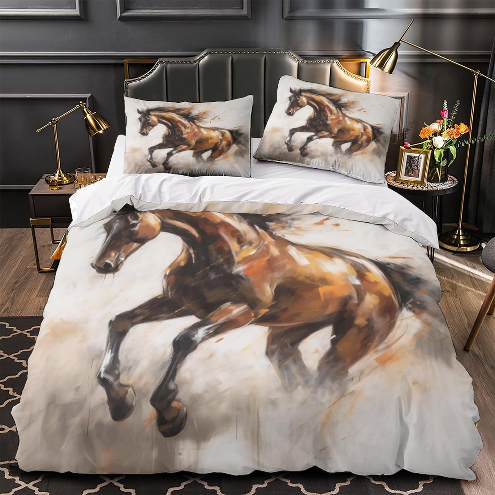 Housse de couette cheval 3D en microfibre 220x240cm avec 2 taies d'oreiller