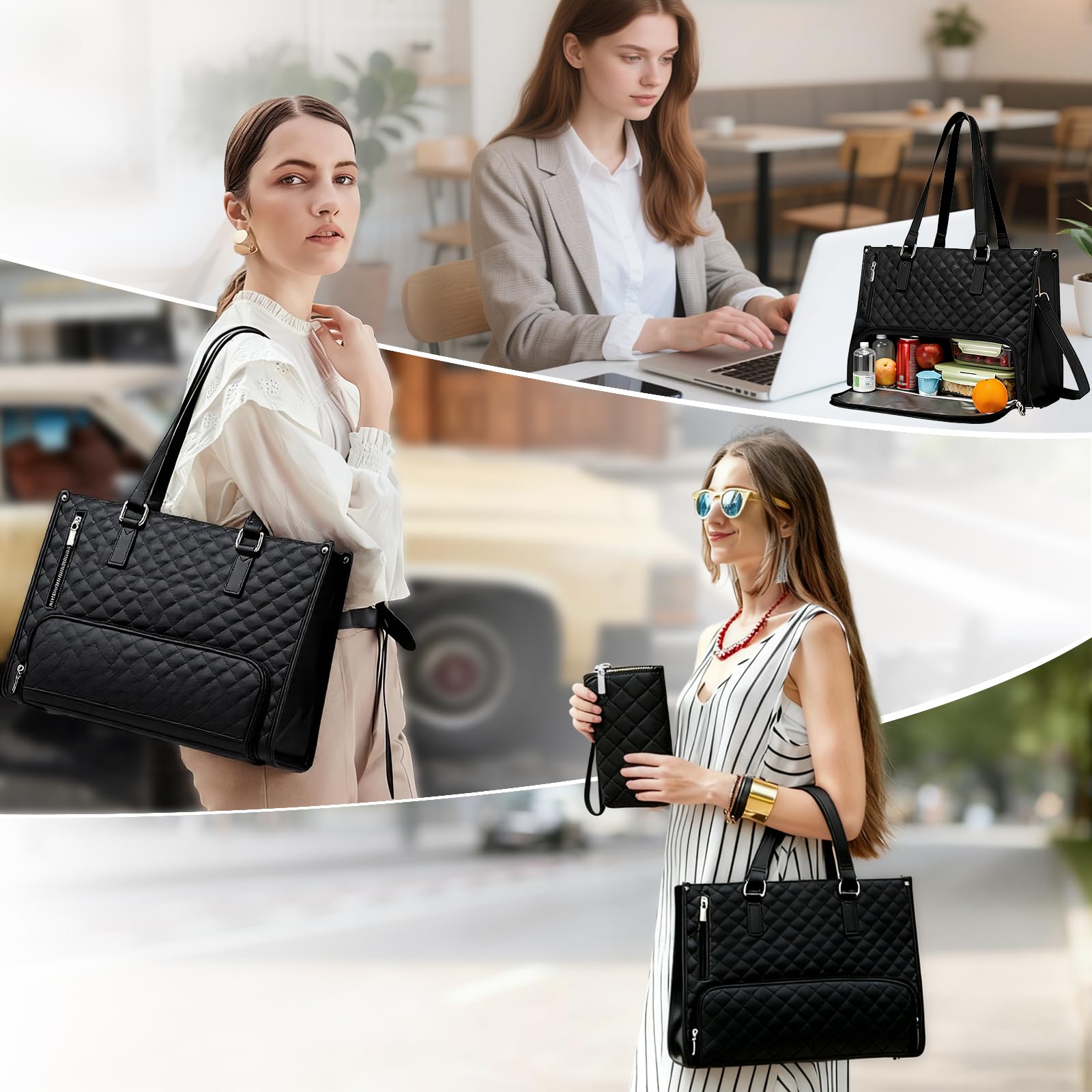 Borsa Pranzo Donna 15,6 Pollici con Vano Termico, Borsa da Lavoro 2-in-1 per PC Portatile con Scomparto Isolato per il Pranzo, Tracolla Regolabile Lunga Nero