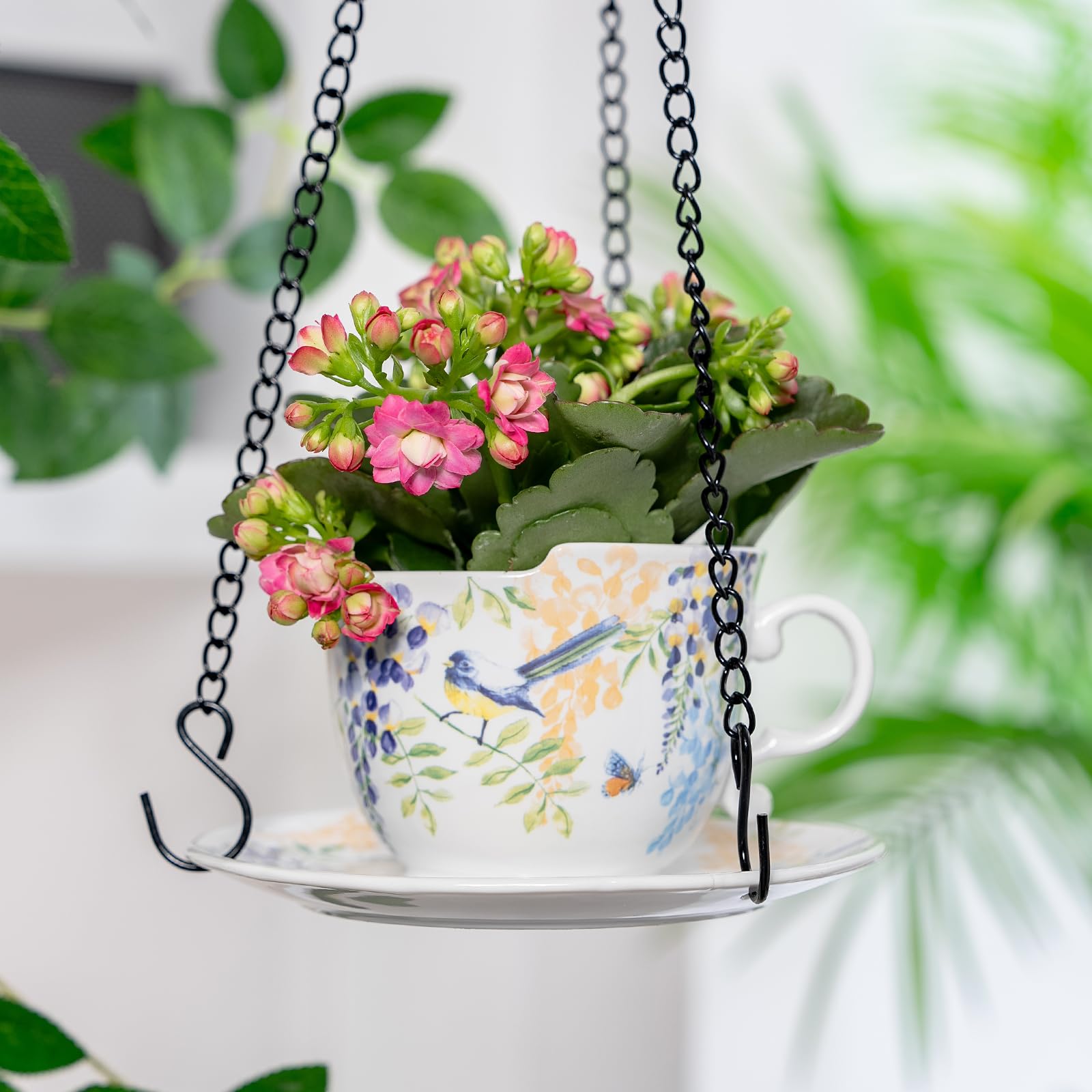 TEATALK Jardinières suspendues pour plantes d'intérieur, pot de fleurs à suspendre avec chaîne, 16 cm, pots de fleurs suspendus pour jardin, maison, pot de fleurs en céramique (fleurs oiseaux)