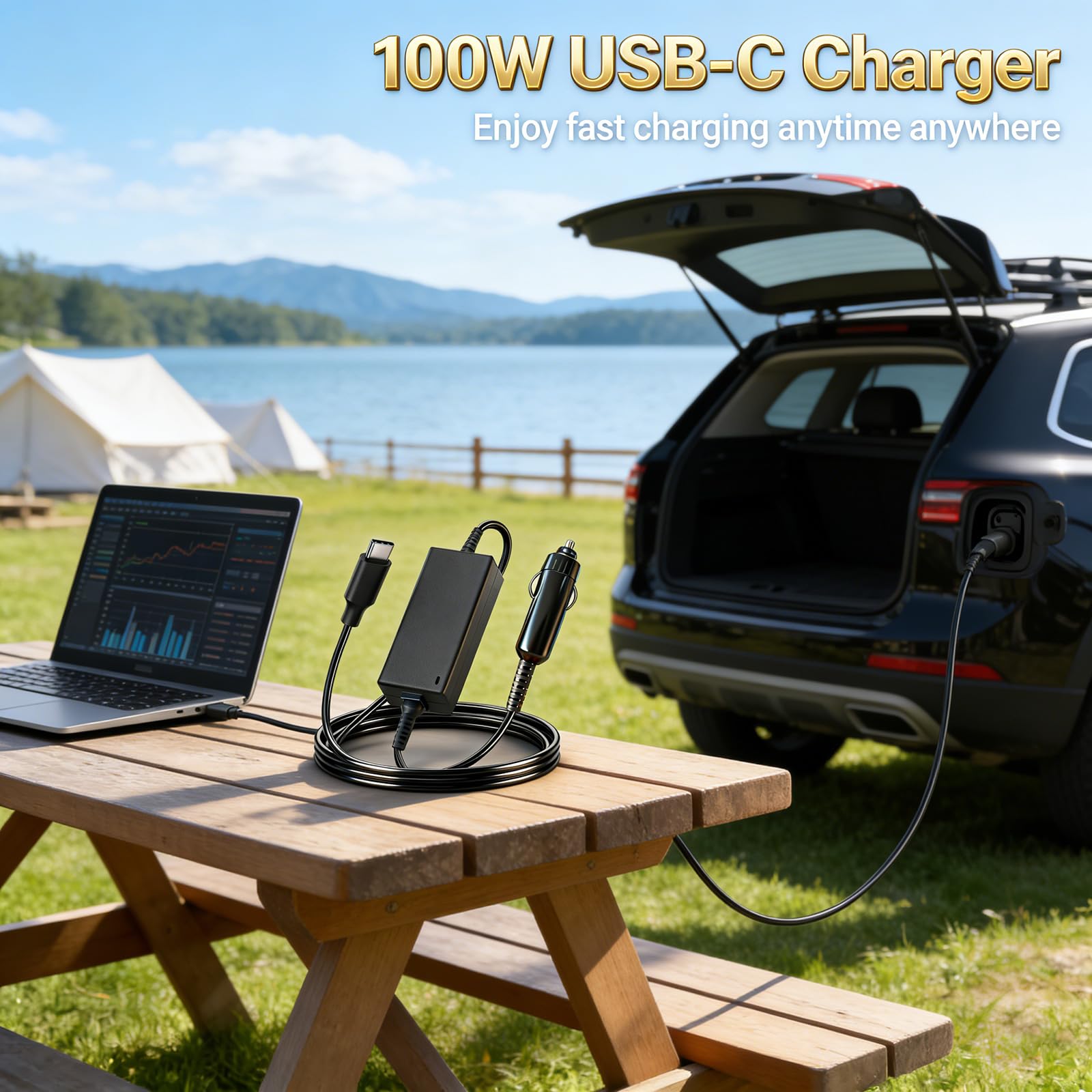 Carga de coche USB C de velocidad rápida de 100 W, compatible con la mayoría de portátiles, durabilidad, construcción de metal ABS, cable de carga rápida USB C