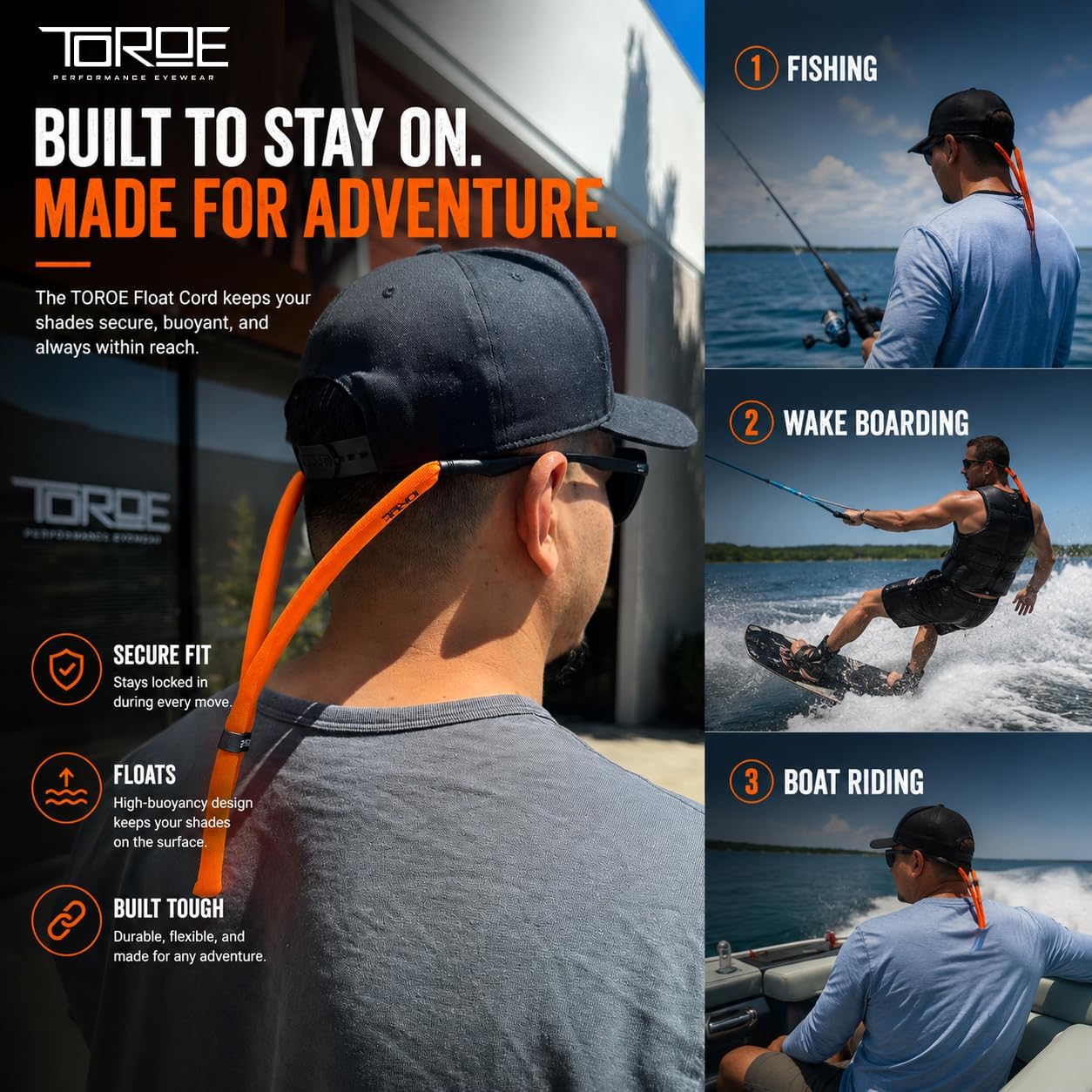 TOROE Adjustable Floating Sunglass Strap Eyewear Retainer Neck Cord for Fishing Boating Kayaking Water Sports Universal Fit
