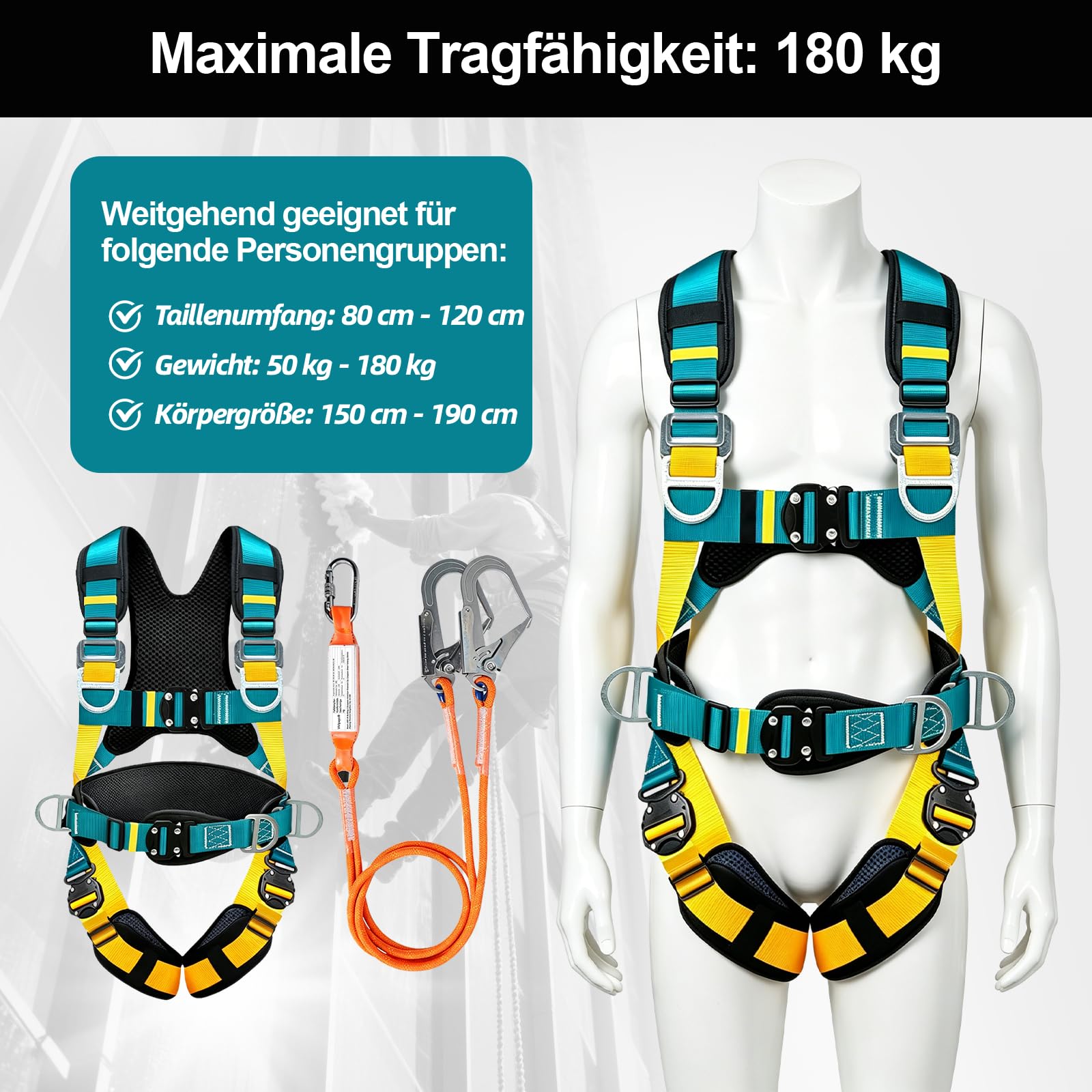 Auffanggurt Absturzsicherung Set mit Falldämpfer, Sicherheitsgürtel-Kit mit 2M Lanyards, Taille und Schulterschutz Bauprojekte Dachbetrieb in hoher Höhe, Feuerrettung Sicherheitsseil, CE-Zertifiziert