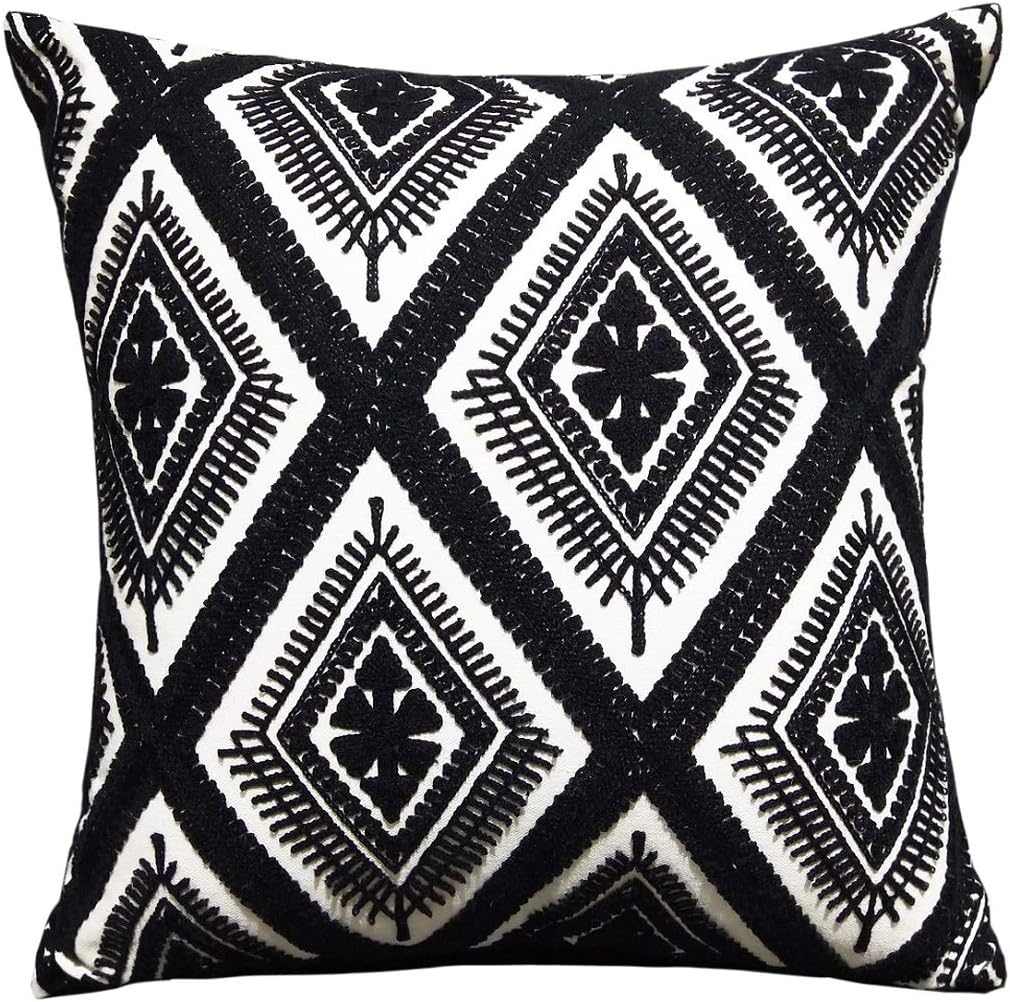 Throw Pillow Covers - FINOHOME Embroidered Pillow Case Square Decorative Cushion Cover For Sofa Bed,Black White,17 x 17 Inches,Rhombic,1 pcs