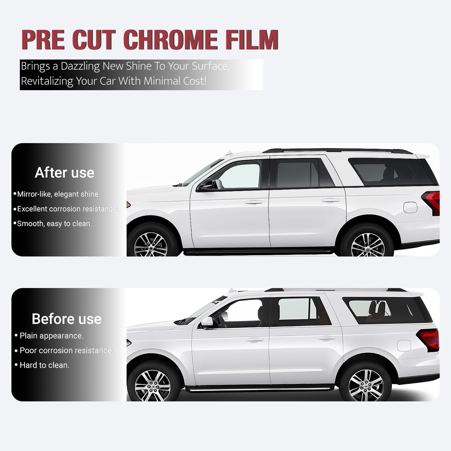 Side Window Trim Chrome Delete Vinyl Wrap Overlay fit for Ford Expedition MAX 2018 2019 2020 2021 2022 2023 2024 Accessories with Blackout Film Gloss Black Kits