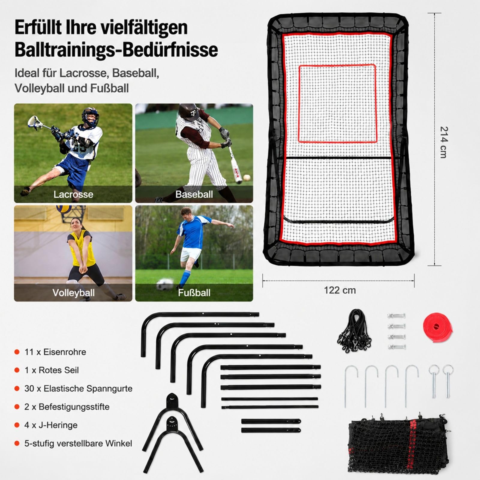Multisport Rückprallnetz mit verstellbarem Winkel und Stahlrahmen für Fußball Lacrosse Volleyball Baseball Training drinnen draußen
