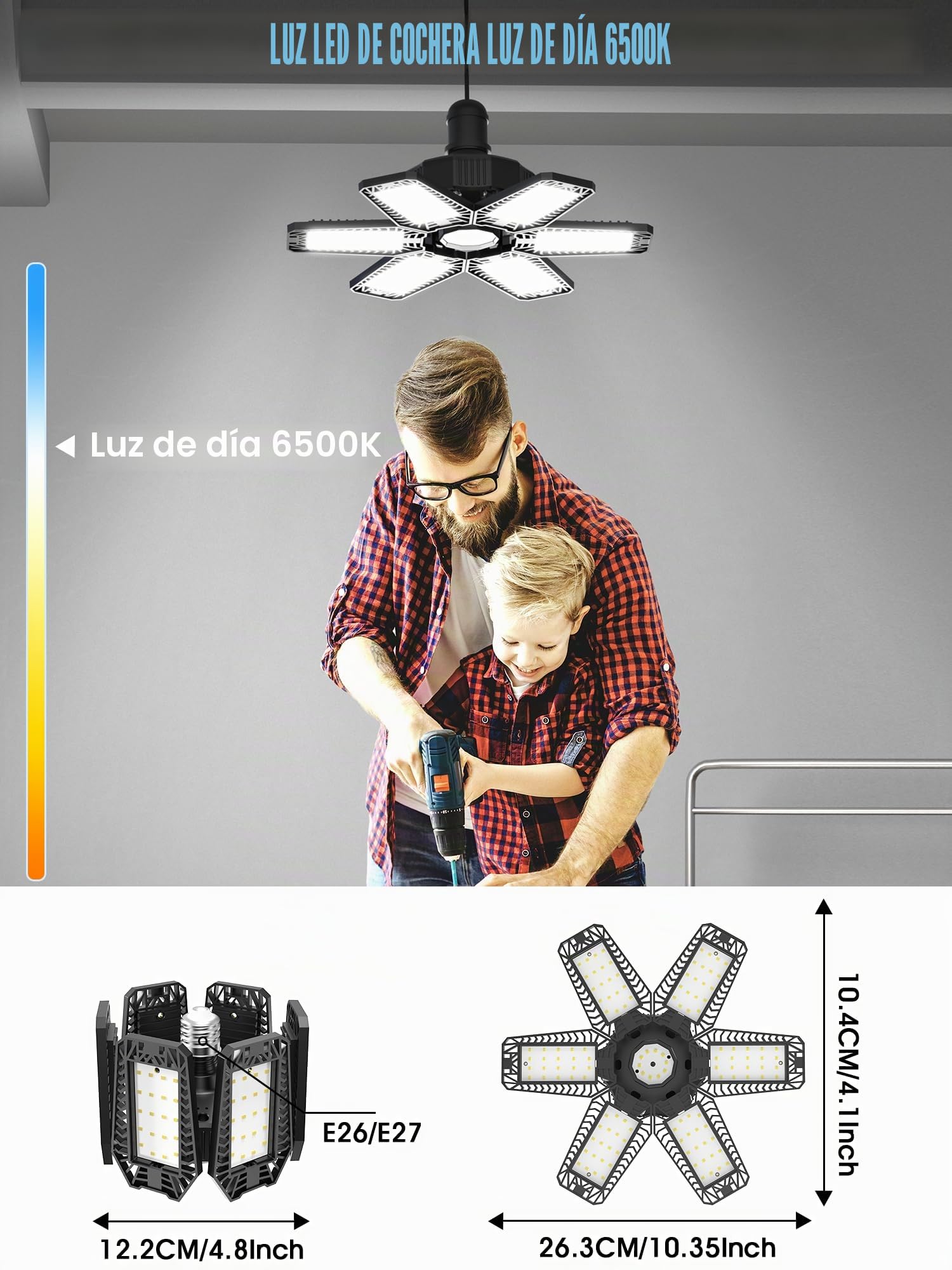 YIQIBRO Lámpara de Garaje 185W 6 Piezas, 18500LM Lámpara de Techo de Taller con 6+1 paneles Ajustables, 6500K Focos LED Interior, Iluminación de Taller Industrial para Garaje,Almacén,Oficina,Sótano