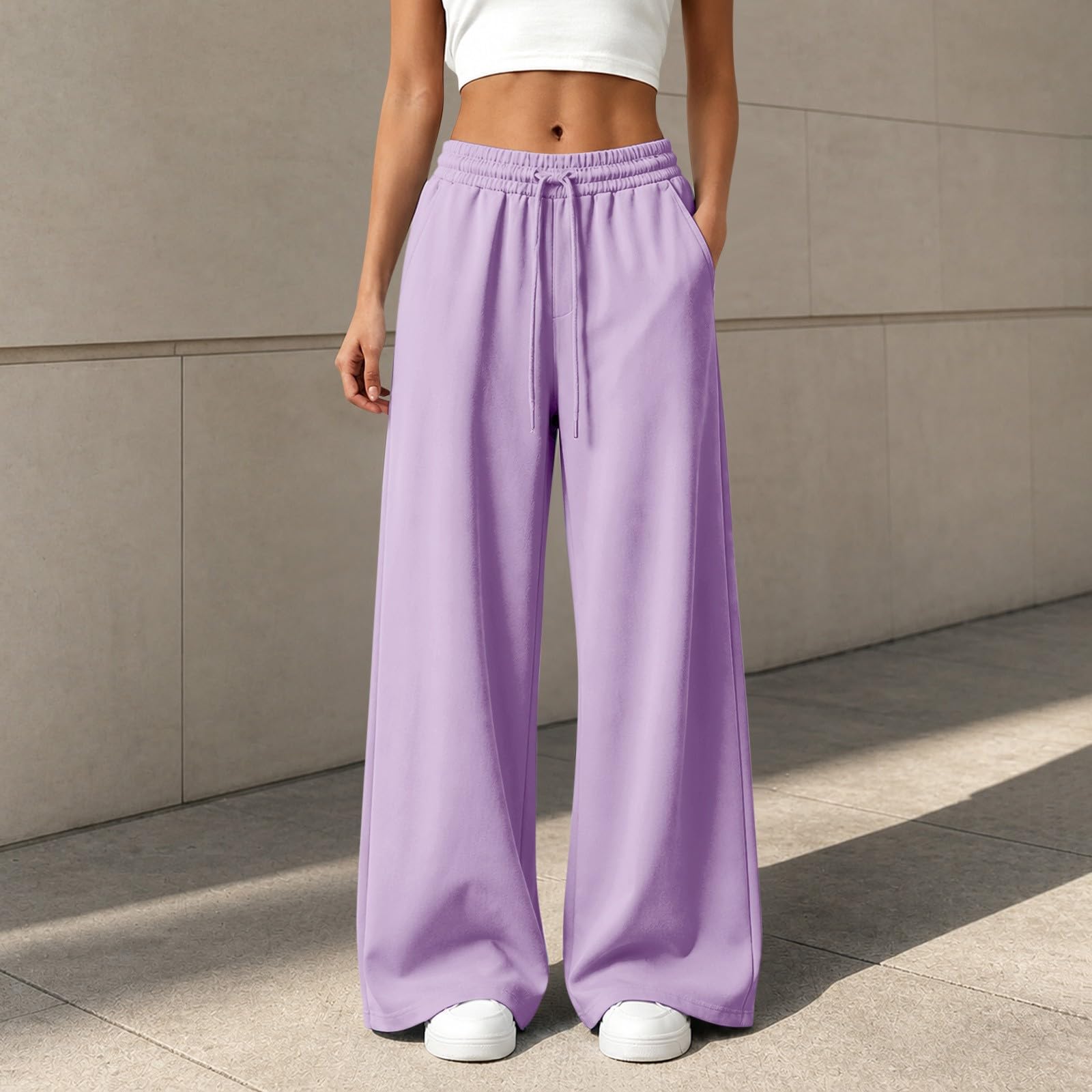 Pantalon Large Femme Doublé Polaire Taille Élastique À Cordon Avec Poches