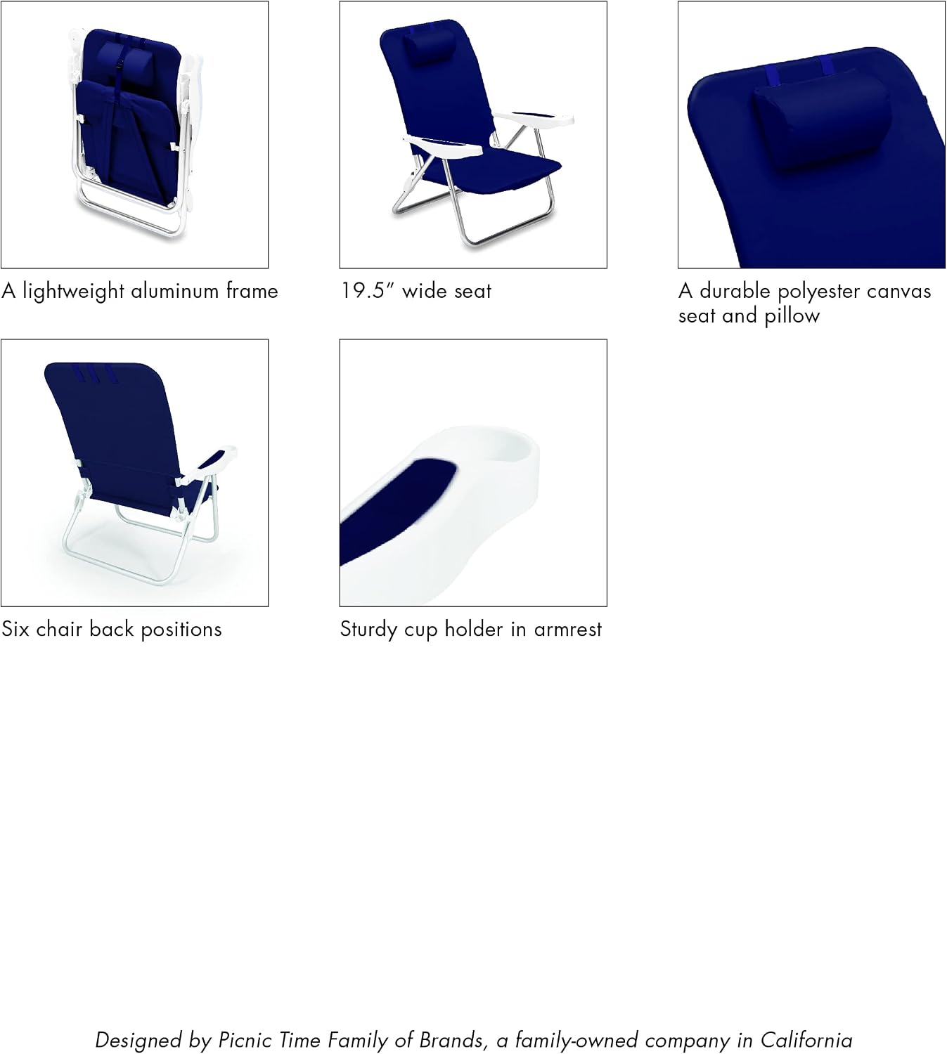 ONIVA - a Picnic Time brand Monaco Reclining Backpack Beach Chair, Outdoor Folding Lounge Chair, Lightweight Low Chair, (Navy Blue)