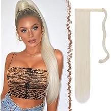 FESHFEN Ponytail Extensions - 24 Inch Long Straight Wrap Around Ash Platinum Blonde Synthetic Ponytails Hair Piece Pony Tail Hair Extensions Hairpieces for Women