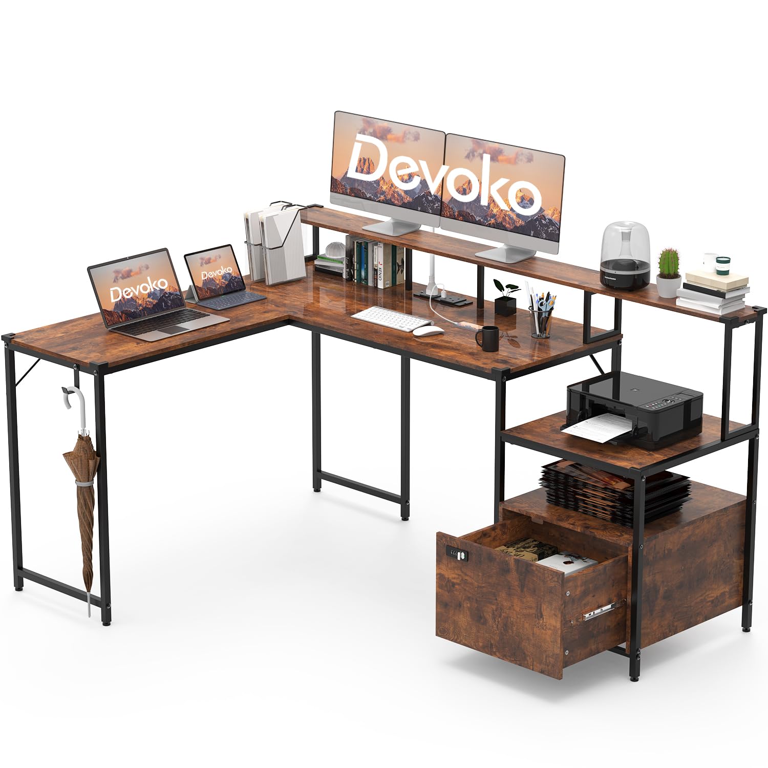 Mondeer Scrivania per Computer a Forma di L, Scrivania ad Angolo, Con Scaffale Girevole a 360 Gradi Per L'ufficio e lo Studio, 157 x 45 x 130.5 cm, Nero