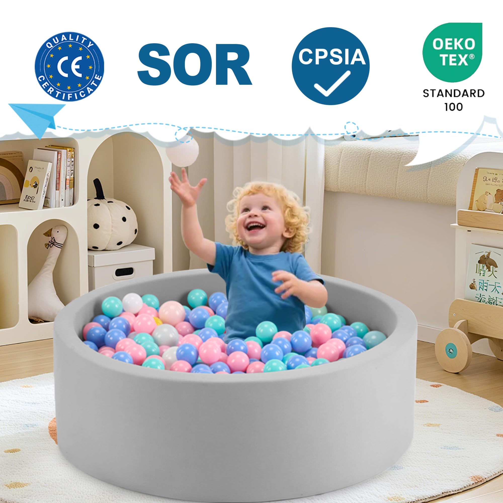 Bällebad für Baby ab 1 Jahr ohne Bälle, 90x30 cm Bällepool Ballgruben Spielzeug für Kleinkinder, Grau
