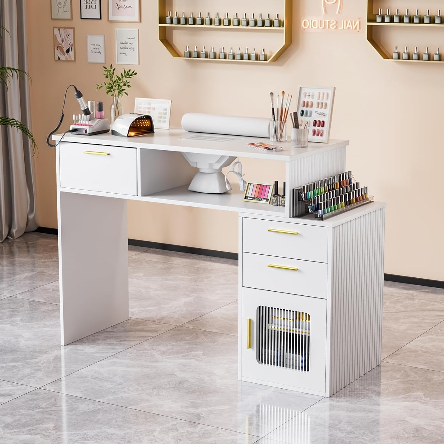 OmySalon Nail Desk with Ribbed Design & Electric Dust Collector - Nail Tech Station with Storage Drawer, Fluted Glass Cabinet & Wrist Cushion for Home Salon & Spa (White)