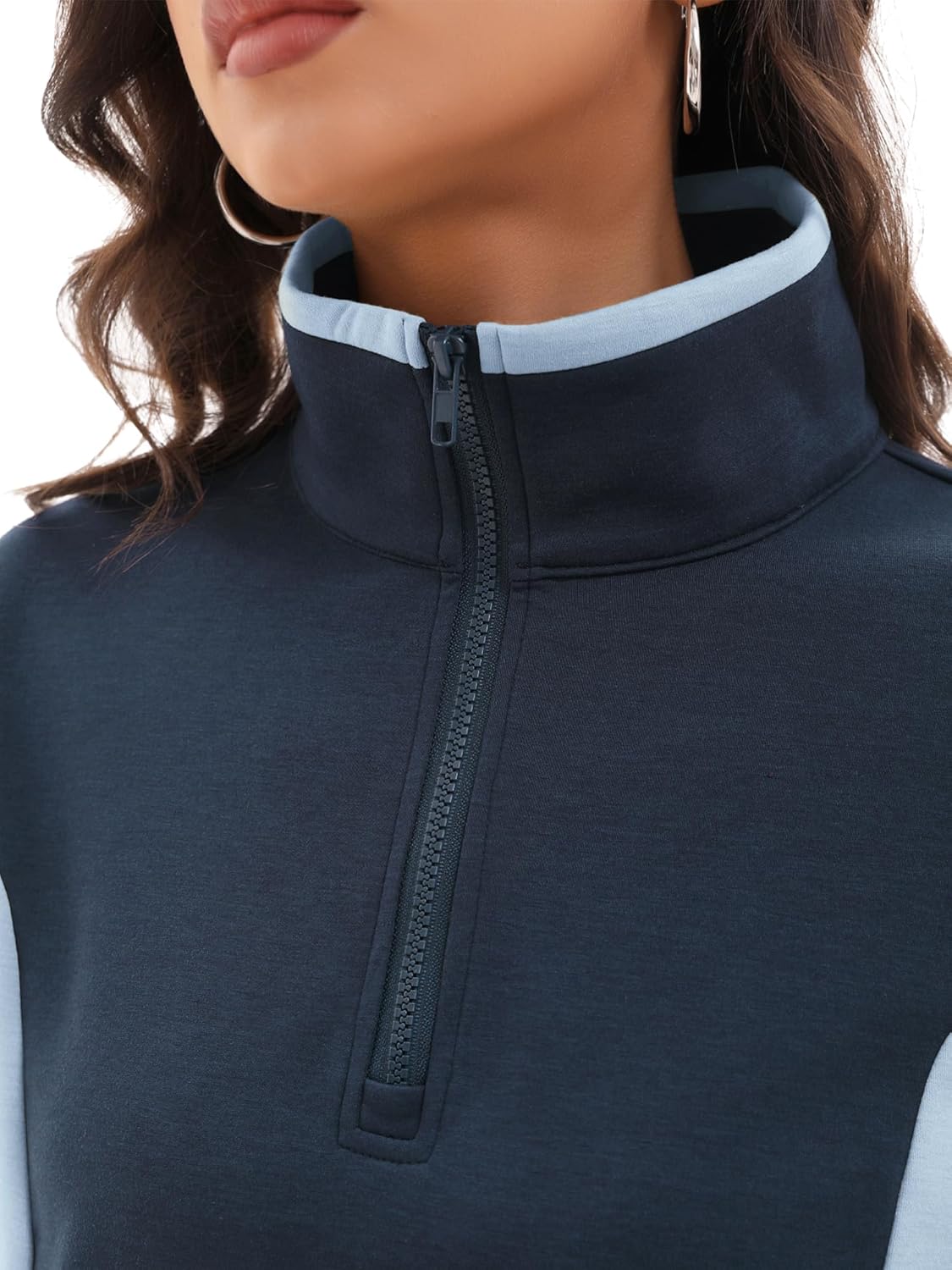 Womens Quarter Zip Pullover Cropped Sweatshirts Color Block Tops Workout Spring Fall Outfits with Pockets - Image 5
