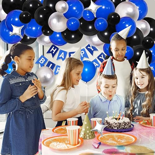 Miniatura 2 de Kit de arco de guirnalda de globos azul y negro, plateado, 124 globos azules y negros, globos plateados metálicos negros con cortina de flecos para