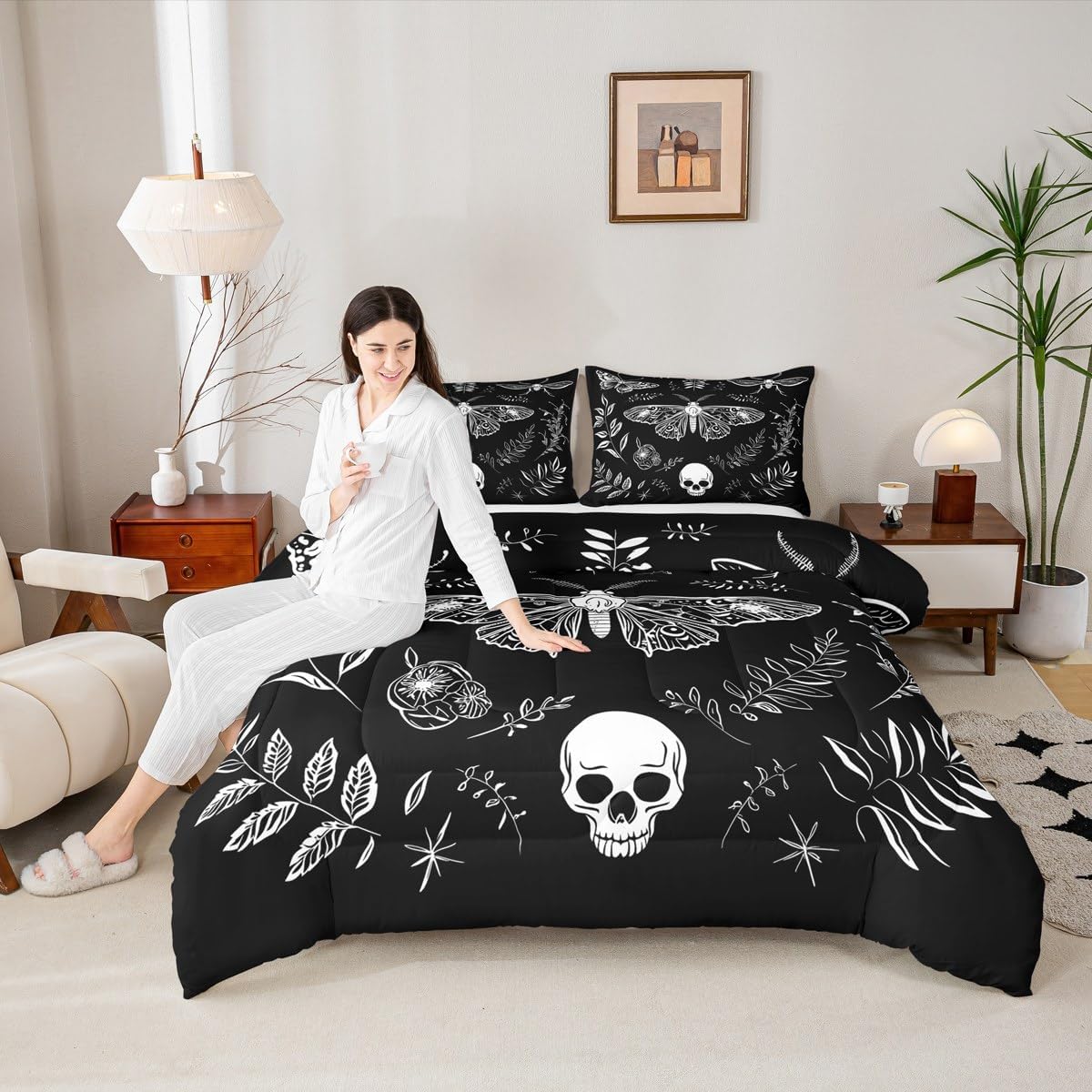 jejeloiu Death Moth Bedding Set Queen Size Kids Gothic Skull Comforter Set for Boys Girls Boho Bohemian Duvet Quilt Breathable Soft Lightweight Microfiber Room Decor，with 2 Pillow Cases