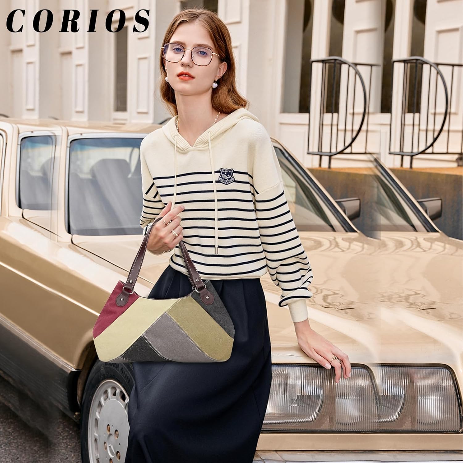 Women Handbag Multi-Color Splice Striped Shoulder Bag Canvas Tote Bag Large Capacity Top Handle Bag Casual Hobo Bag - Image 2