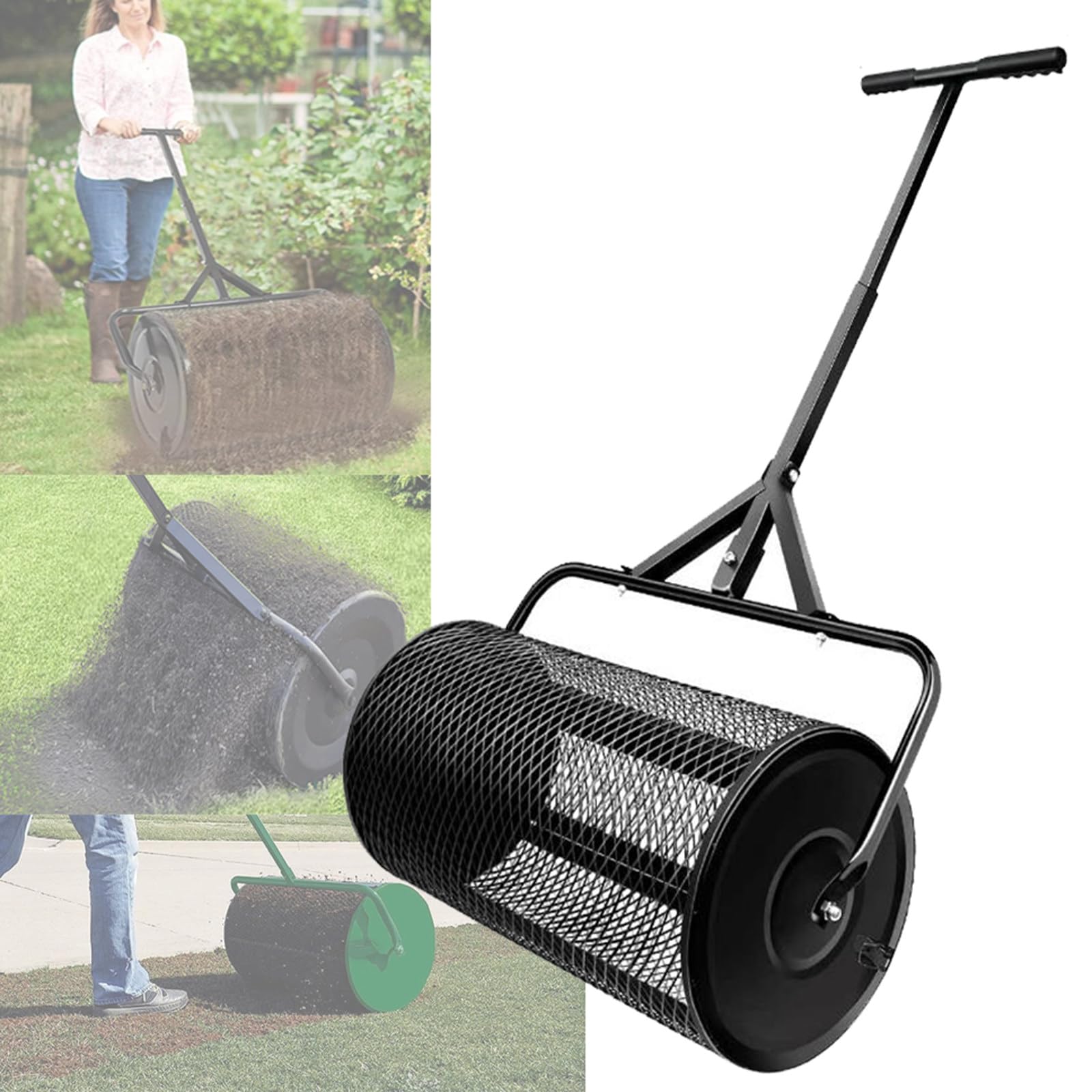 Épandeur d'engrais et de Compost en métal pour pelouse et Jardin - Rouleau de Panier en Maille métallique Durable et poignée réglable en T, Noir - 40 cm