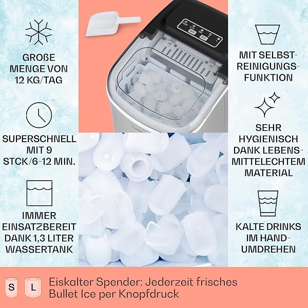 Klarstein Eiswürfelmaschine für Zuhause Camping Gastro, Schnelle Mini-Eiswürfelmaschine Klein, Profi Eismaschine für Große & Kleine Eiswürfel, Selbstreinigend, 1,3L Wassertank, 12kg Eis in 24h - 2