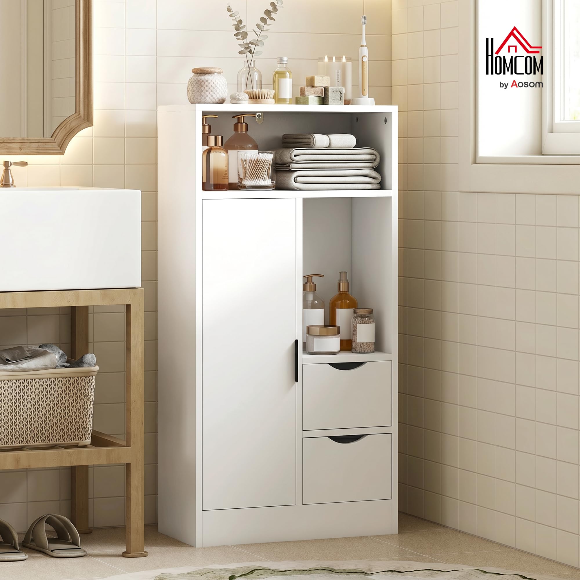 HOMCOM Mobiletto Bagno Salvaspazio Slim 50x25x100 cm Bianco | Mobile Bagno con 2 Cassetti, Ripiani Regolabili a 3 Livelli e Armadietto, Stile Nordico