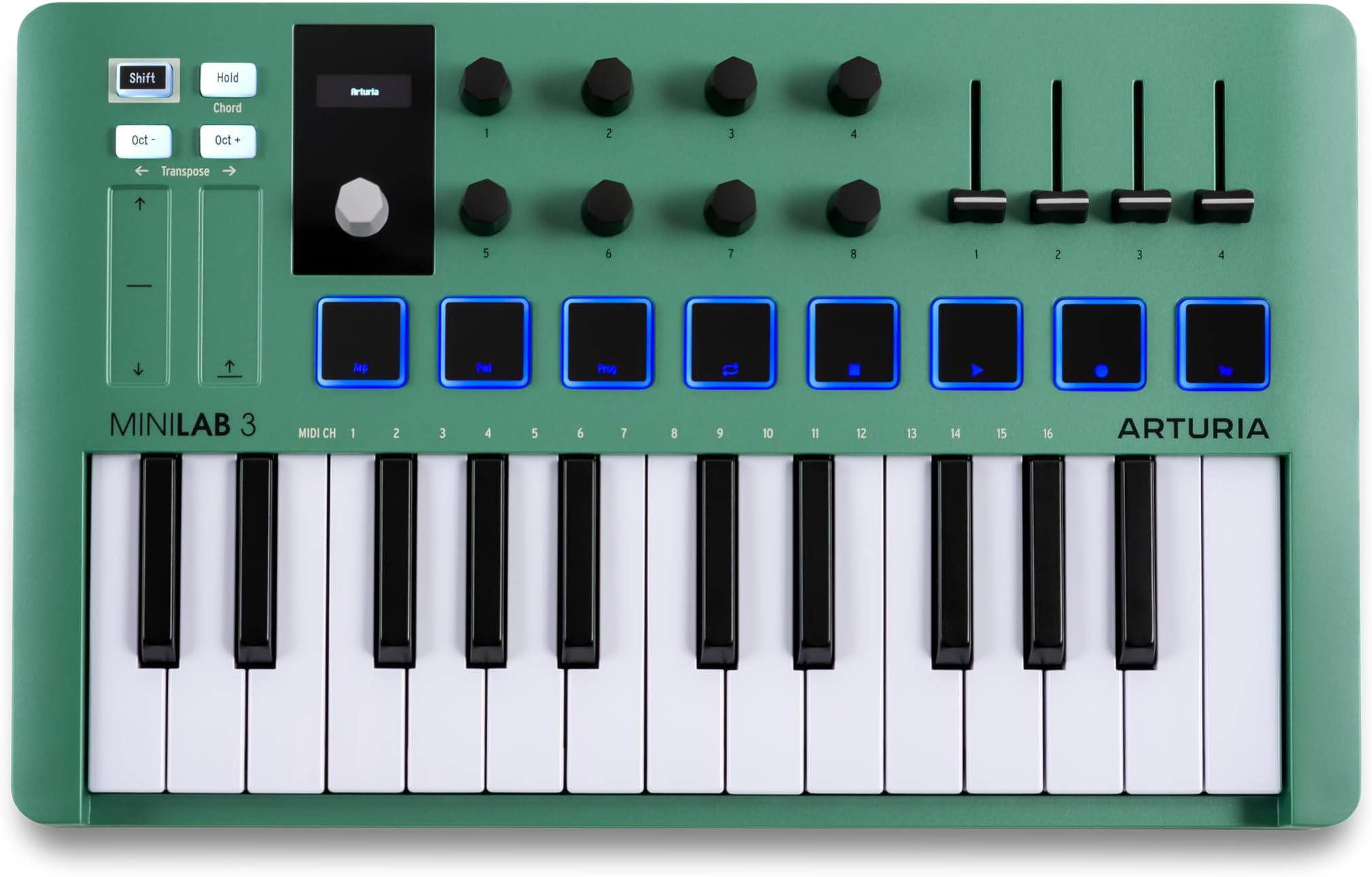 Arturia MiniLab 3, 25 Slim-Key USB-C Midi Controller with 5-Year Warranty, 8 Backlit LED Pads, 8 Knobs, 4 Faders, Midi Out, Built-in Arpeggiator, Chord mode and Software Bundle - Mint Edition
