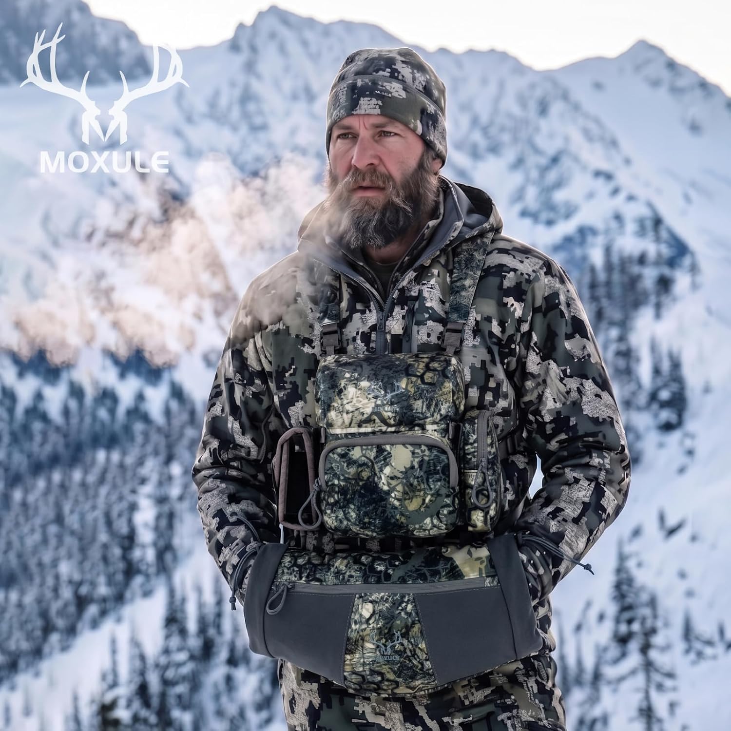 MOXULE Binocular Harness Chest Pack: Waterproof Bino Case with Hunting Hand Warmer Pouch and Rangefinder Pocket for Birdwatching Hiking