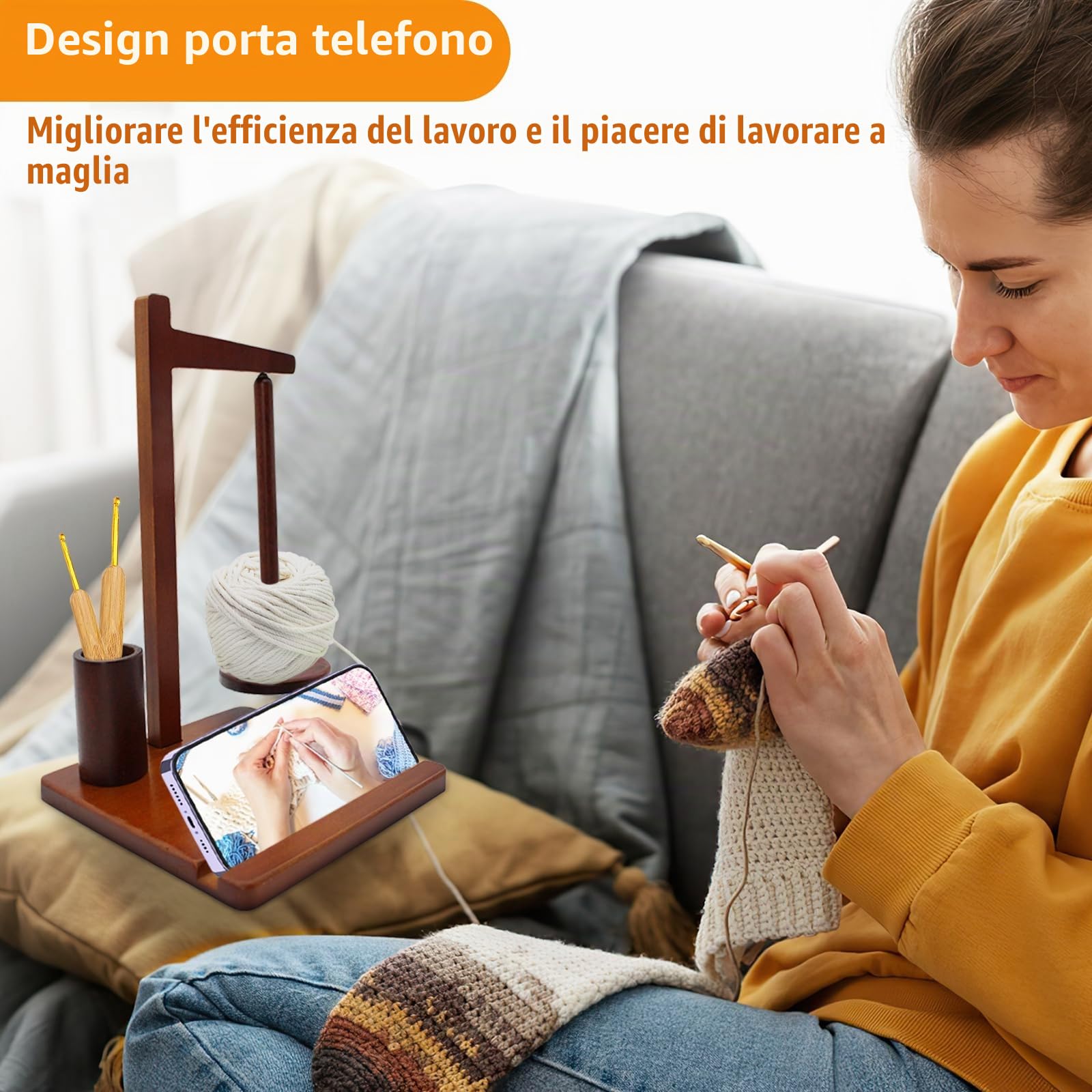 Supporto in Legno per Fili, Porta-Gomitolo con Supporto per Telefono, Supporto Magnetico Multifunzionale per Lana, Raccoglitore per Fili da Uncinetto e Lavoro a Maglia