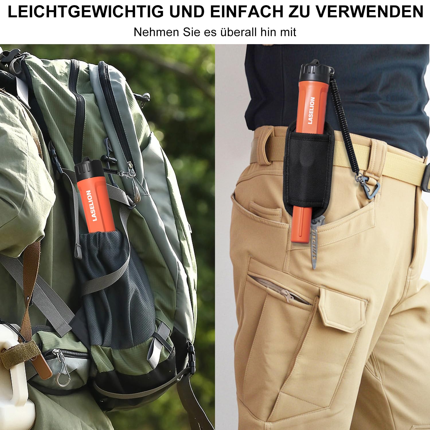LASELION MD01 Metalldetektor Pinpointer IP68-Wasserdichtigkeitsgrad - Tragbares Metallsuchgerät mit 9V Batterie, Gürteltasche und Umhängeband,360° Suchbereich