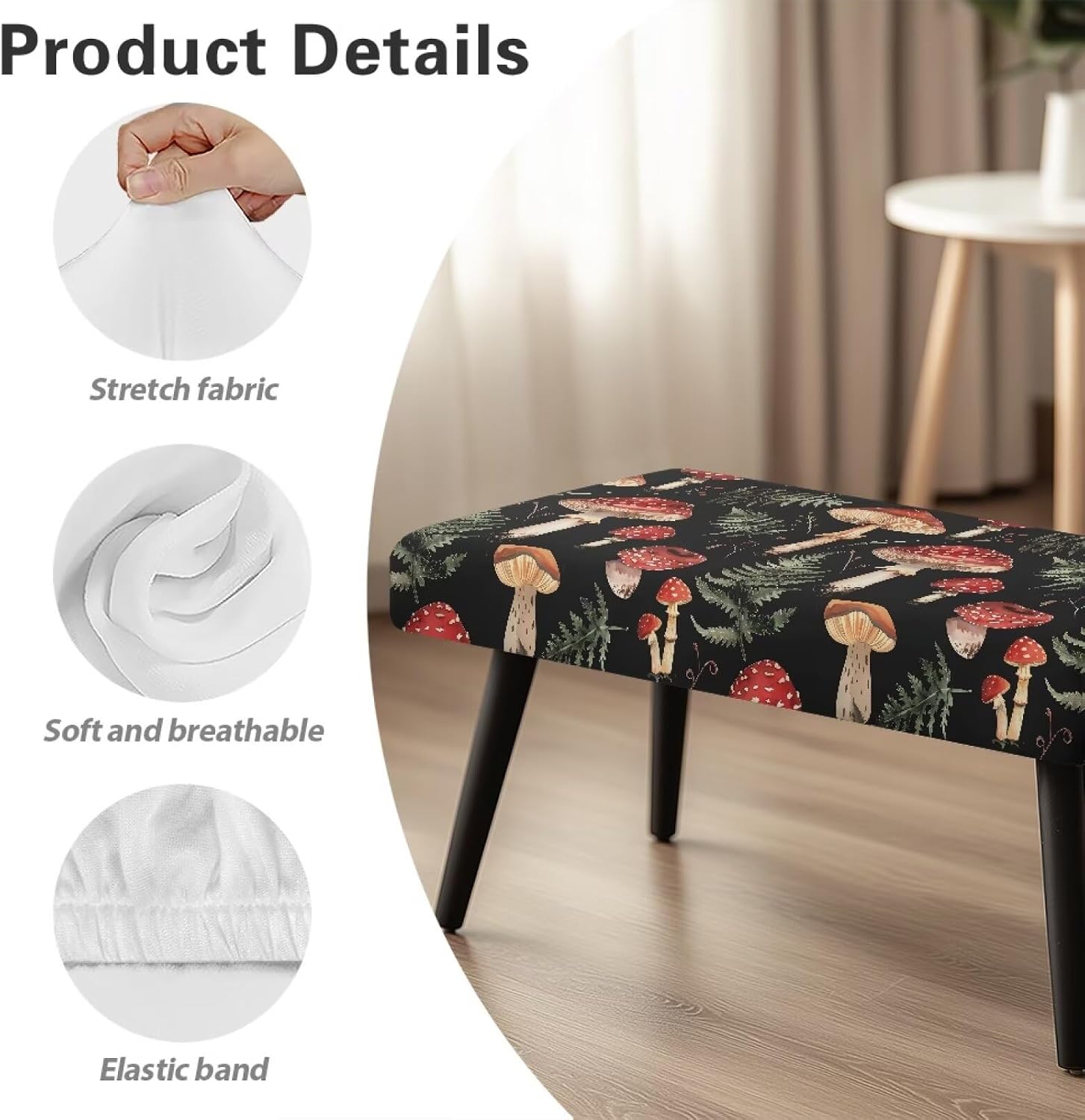 Mushroom Bench Covers Slipcover Rectangle Dining Room Chair Seat Covers Black Bench Chair Slipcover Dustproof Waterproof Protector Elastic Easy to Install