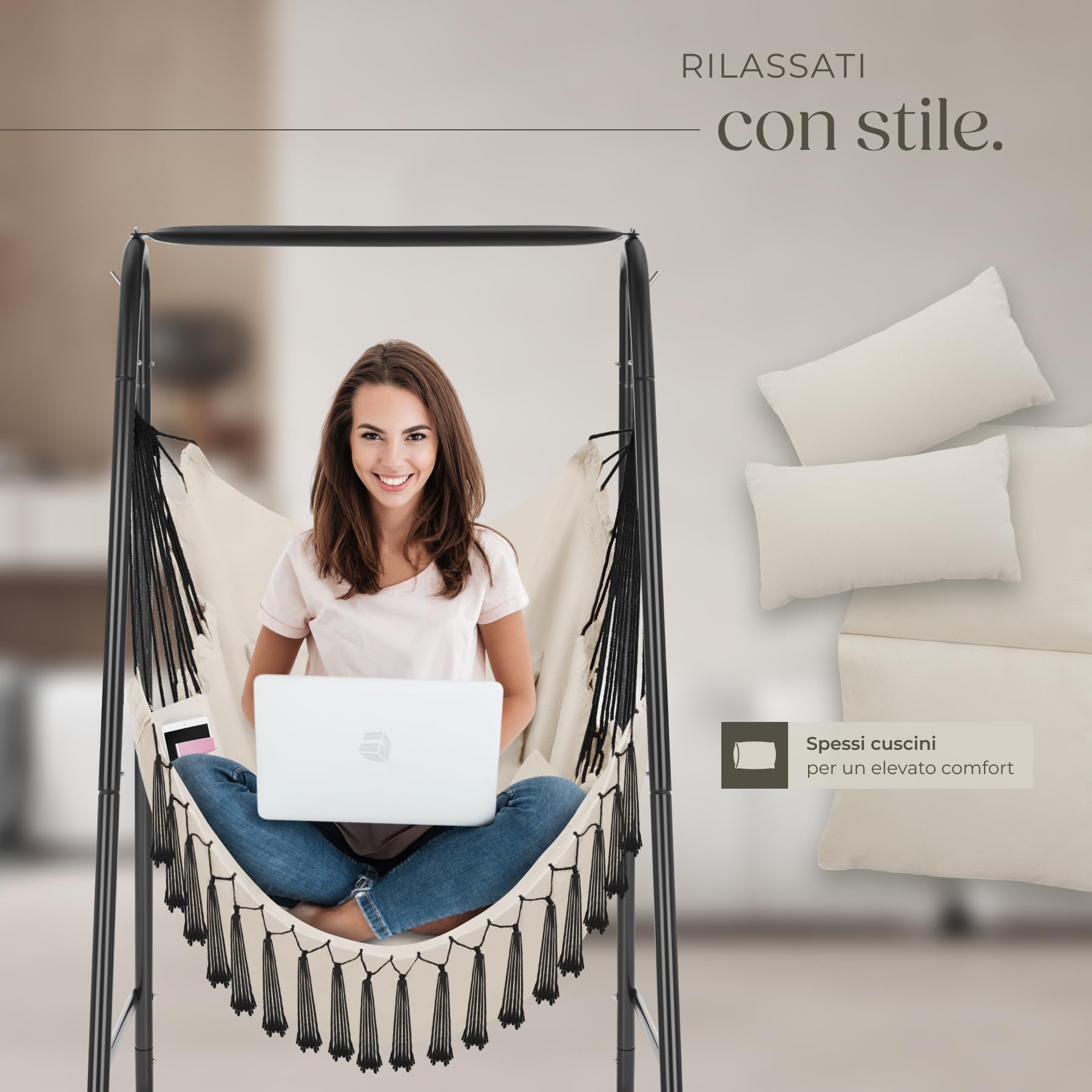 tectake® Poltrona Sospesa Boho con Cuscini, Tasca Laterale, Tessuto Misto Cotone-Poliestere, Telaio in Acciaio, Capacità 160 kg, Arredamento Casa e Giardino, per Interni ed Esterni - Beige