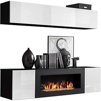 Moderne Wohnwand Mit Kamin Bioethanol Flyer N1 Elegante Anbauwand Mit Kamineinsatz Schrankwand Wohnzimmer Set Tv Lowboard Vitrine Schwarz Weiss Hochglanz Amazon De Kuche Haushalt