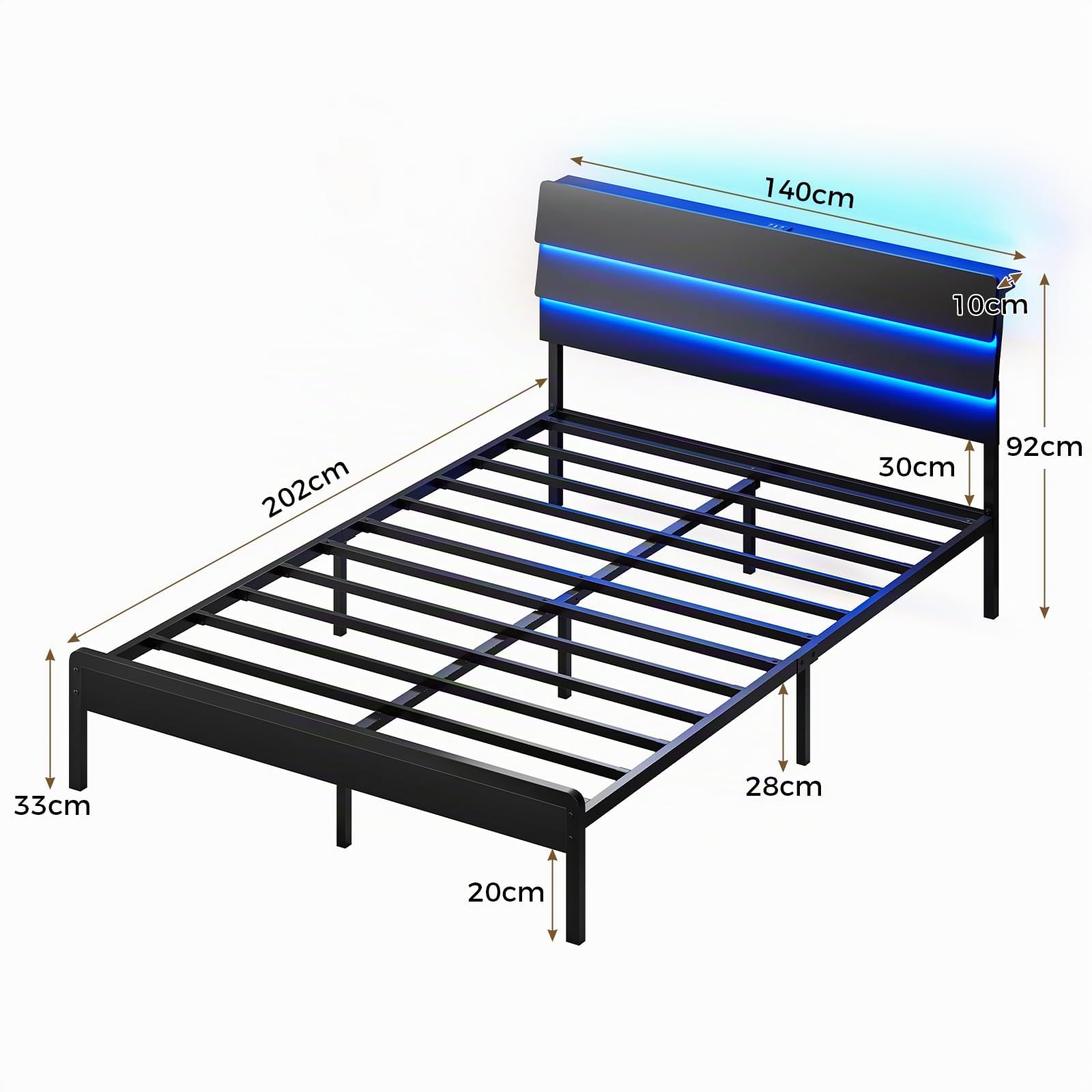 KIMENICH Lit 140x200 avec Sommier Métal, Lit Double avec 3 Rubans LED Réglables et Multiprise, Cadre de Lits avec Étagère Ouverte et Rangement sous Le Sommier 140x200, sans Matelas, Noir