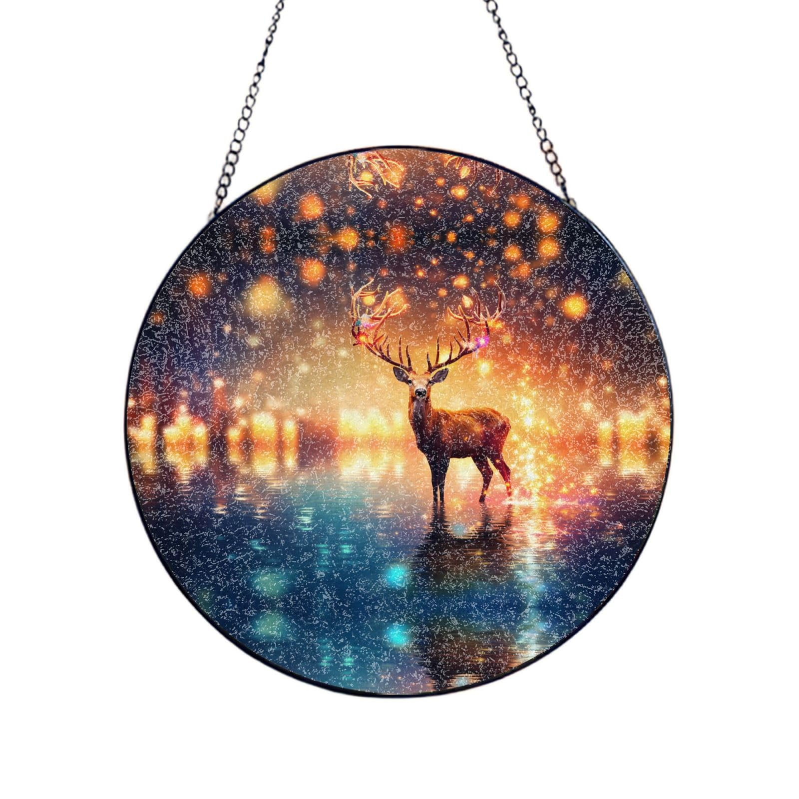 Phayah Spirit Deer In The Starlight Print Stained Glass Window Hanging Suncatcher For Door Terrace Garden Home Decor Sun Catcher Birthday Gifts For Lovers Dad Mom 12in（30cm）