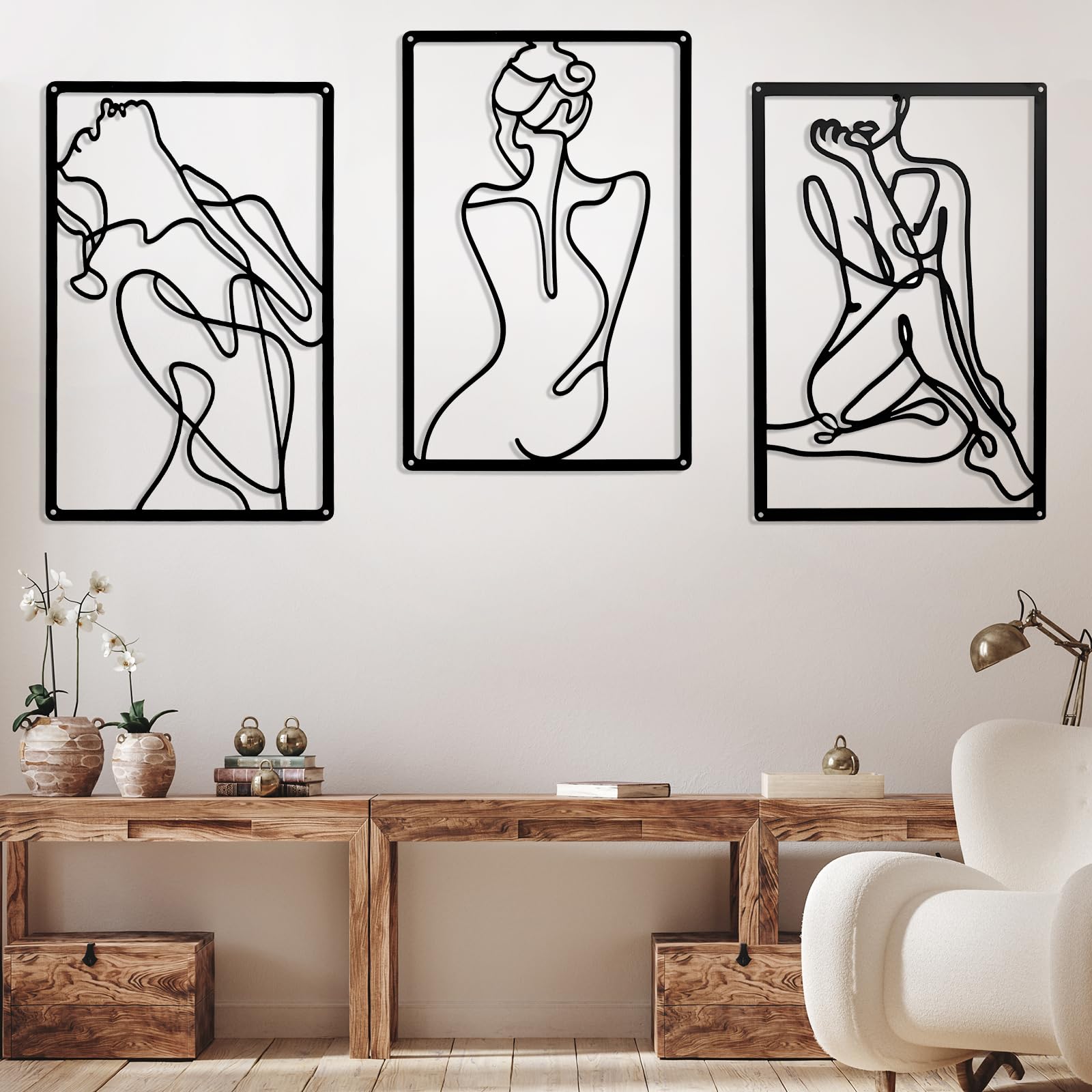 Pack of 3 Modern Minimalist Abstract Woman Wall Art - 35 x 25 cm Metal Wall Sculptures, Waterproof, Living Room Decoration