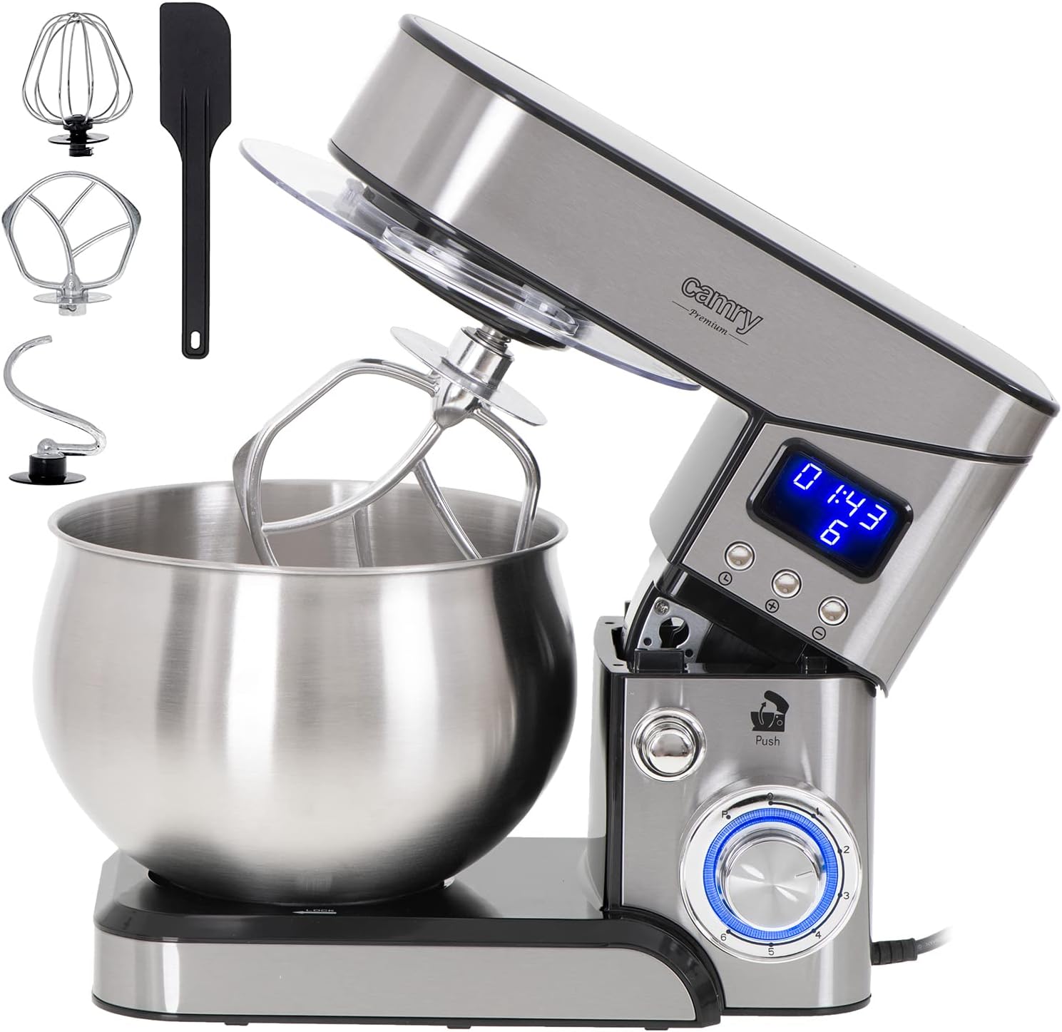 Adler Camry CR 4223 Food Processor with all attachments: whisk, flat beater, dough hook, and spatula.