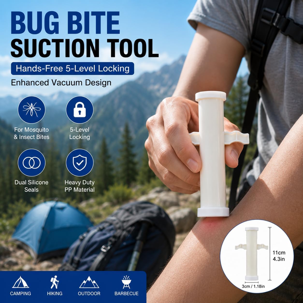 Bug Bite Suction Tool, Mosquito Bite Sucker with Hands-Free 5-Level Locking, Enhanced Vacuum Design, Dual Silicone Seals, Heavy Duty PP Extractor for Insect Bites, Camping & Outdoor Travel