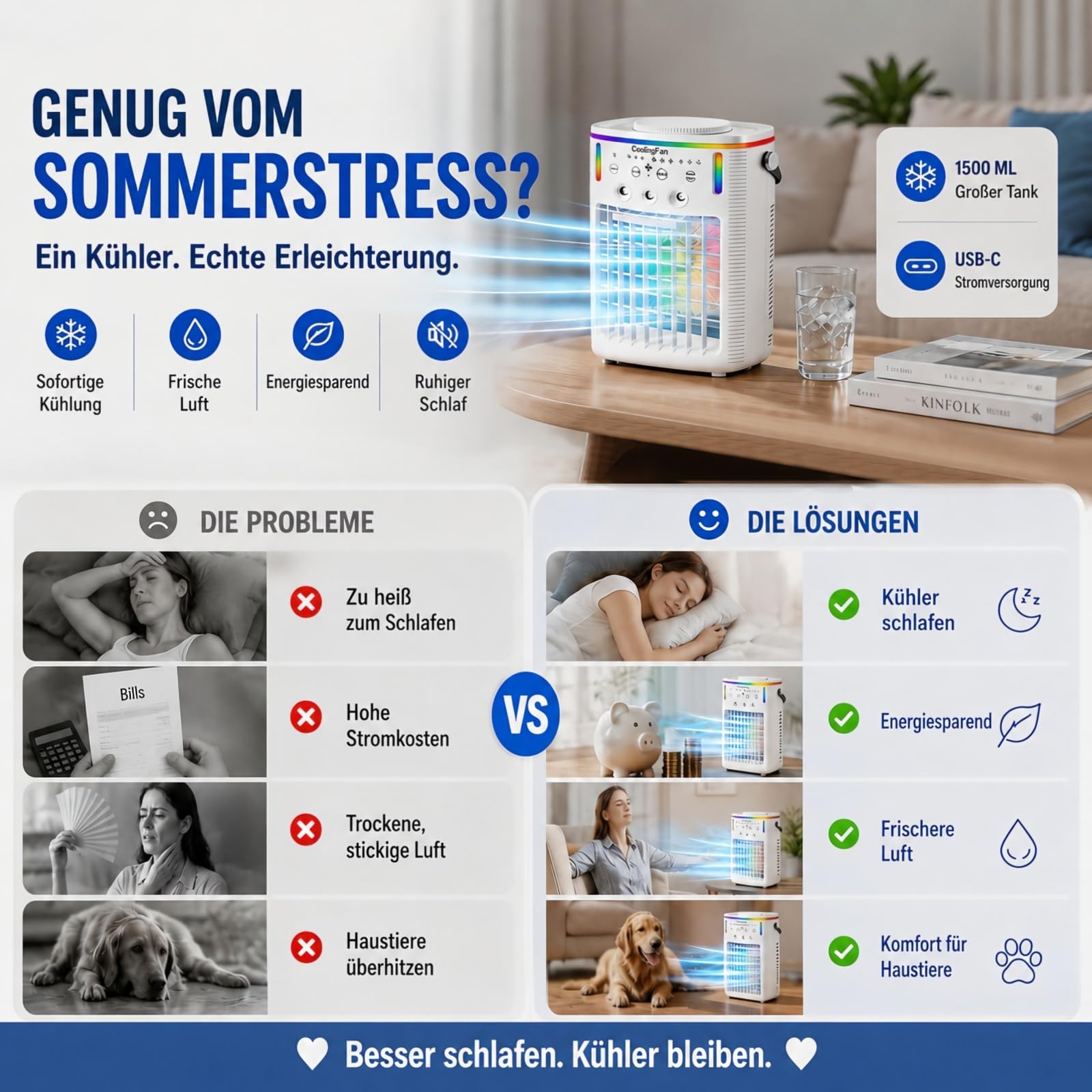 2026 Neuer 1500ML tragbarer Luftkühler, mobile Klimaanlage für Auto & Schlafzimmer, 3 Modi & 3 Geschwindigkeiten, 7-farbiges LED-Licht & für Büro, Camping & Reisen(1PCS)