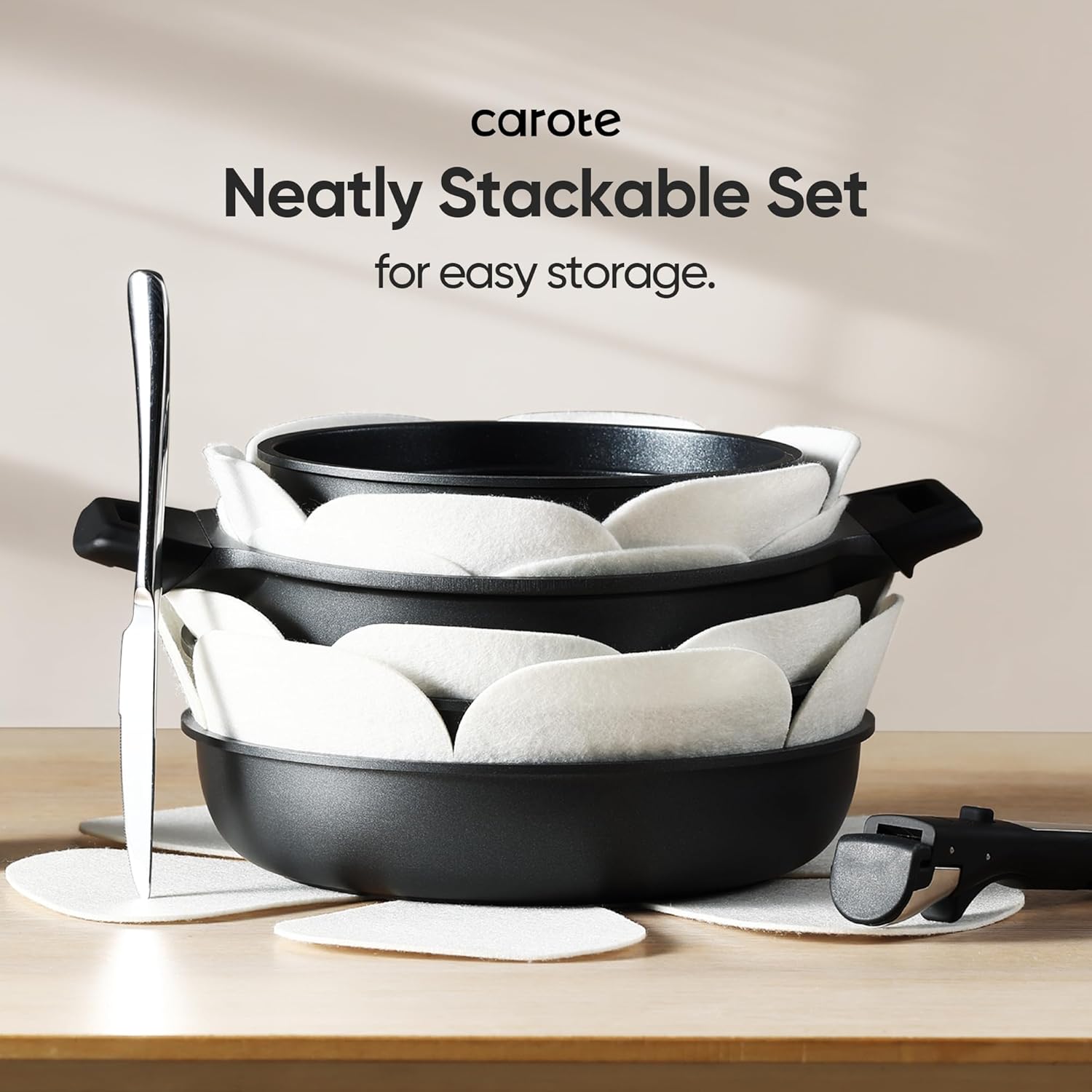 CAROTE 25pcs Pots and Pans Set Non Stick, Cookware Sets, Kitchen Set, Oven/Dishwasher/Fridge Safe, Space Saving Pots Set, Nonstick Set with Versatile Detachable Handle with Knife Set, Jet Black