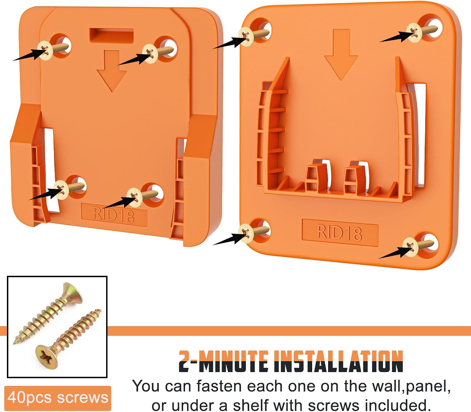 Crivnhar 10 Packs Tool Holder and Battery Mount Holder Compatible for RIDGID 18V, 5 Pack Battery Mounts Rack Fit for 18V Batteries, 5 Pack Drill Tool Hangers Storage Organizer(w/40 Screws)
