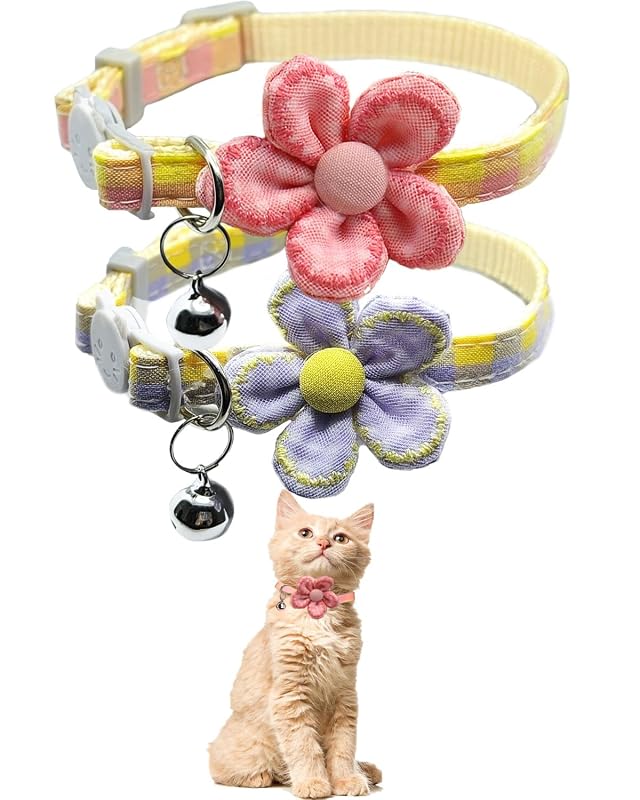 Coleira para Gatos com Estampa Floral, Sino e Fecho Breakaway GoldTiger, Ajustável de 17,8 a 32 cm, Pacote com 2